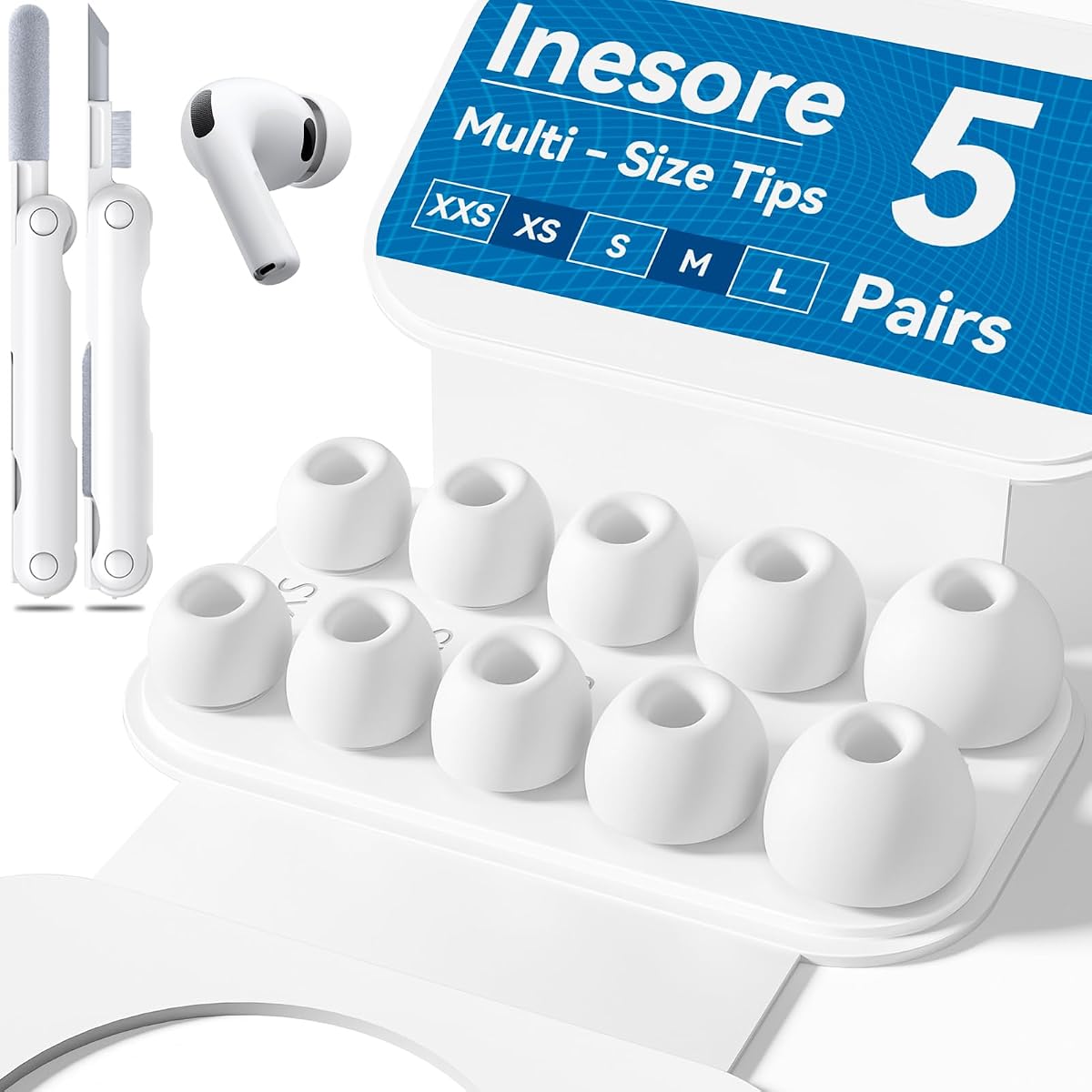 Inesore 5 Pairs Replacement Ear Tips for AirPods Pro 3 (2025)-White | with Portable Storage Box & Cleaner Pen,Built-in dust Guard Screen Silicone Ear Tips 5 Sizes (XXS/XS/S/M/L)