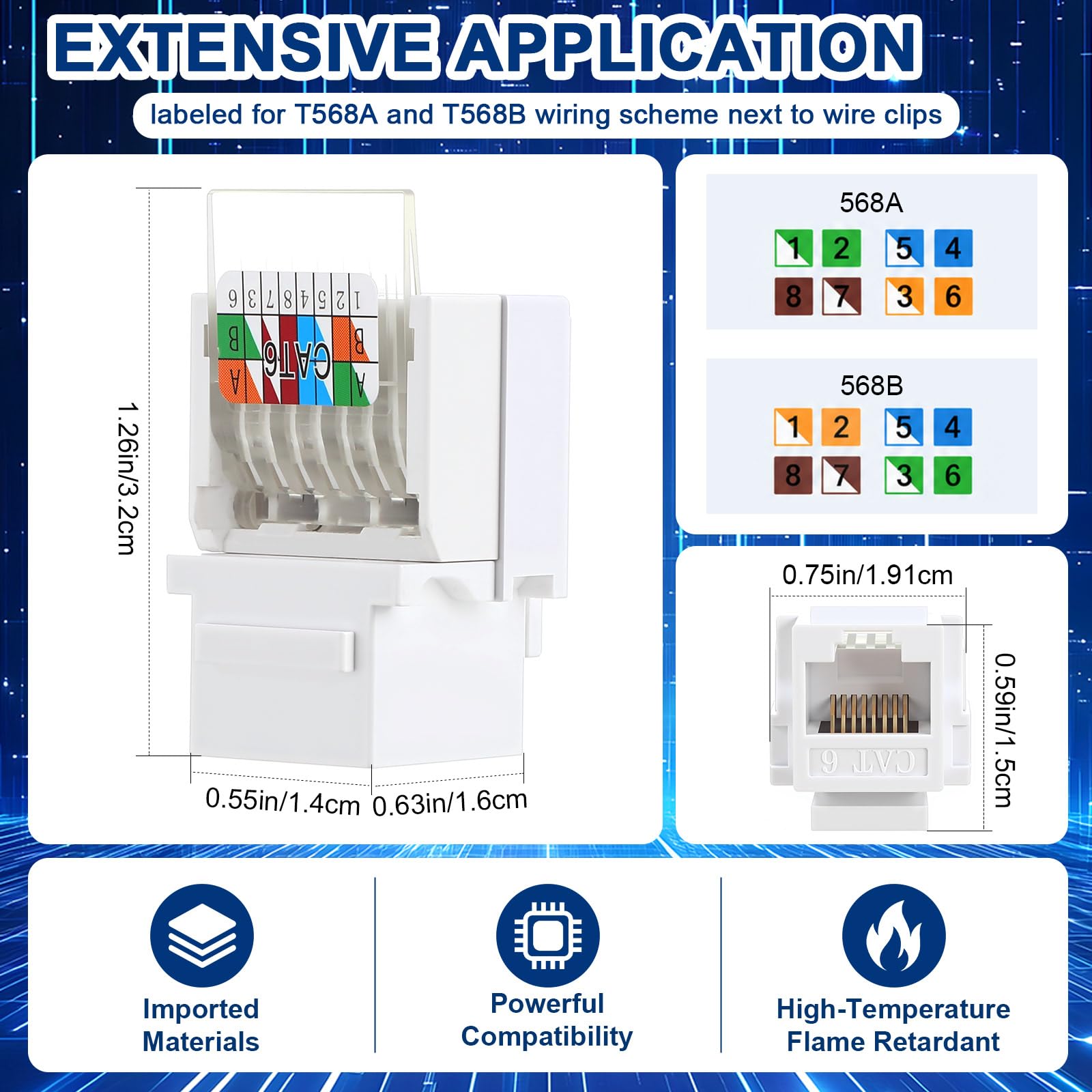 Tellegloww Paquete de 120 conectores Keystone Cat6 Rj45 a granel de 90 grados sin herramientas, puede servir como acoplador modular solo para placas de pared, no para panel de conexiones, color blanco