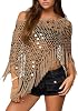 Y2K Women's Off Shoulder Knit Cover Ups Batwing Sleeves Fringe Trim Hollow Out Pullover Tops Sexy Streetwear Poncho