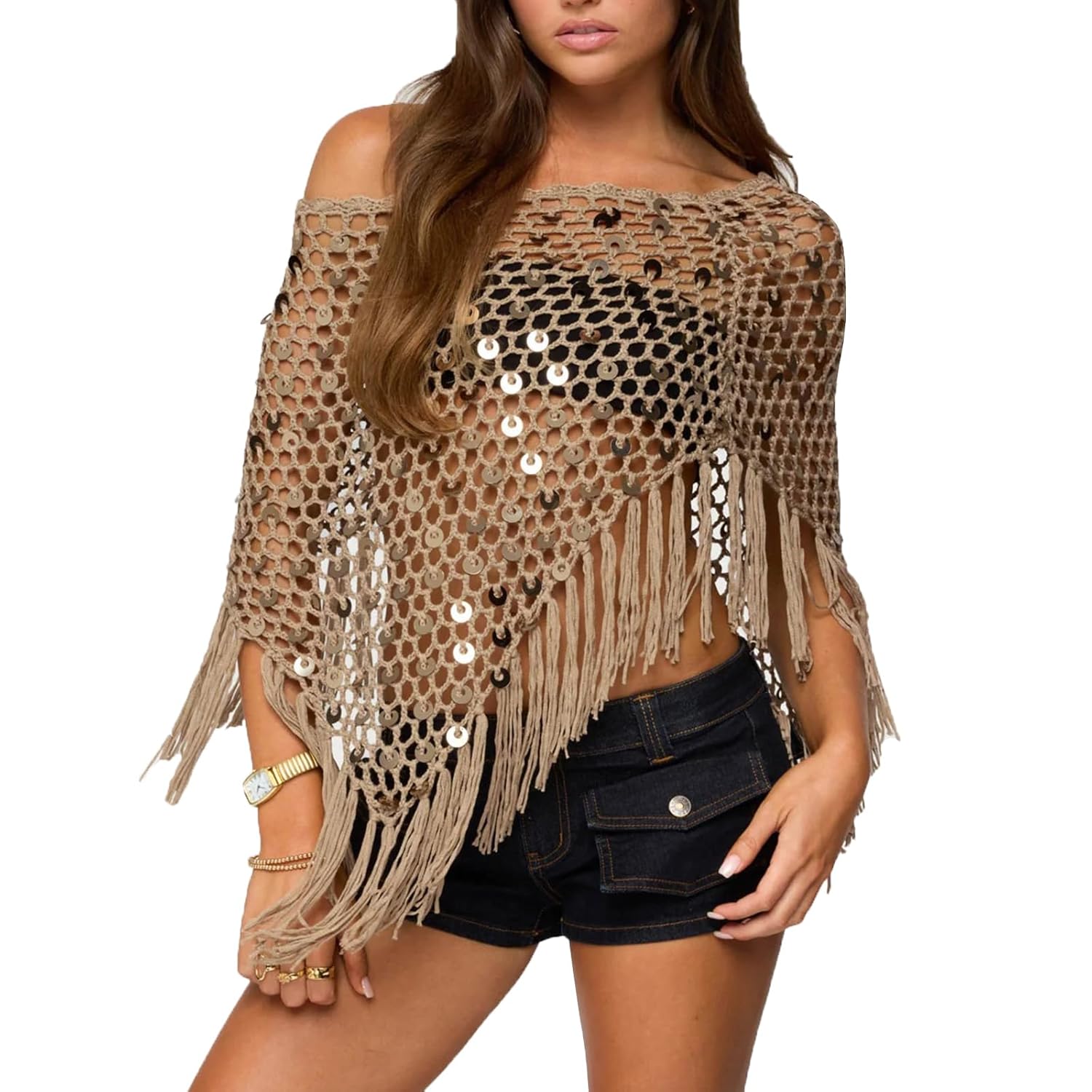 Womens Sheer Poncho Top See Through Knit Shrug Shawl Pullover Lightweight Asymmetrical Sweater Beach Cover Up