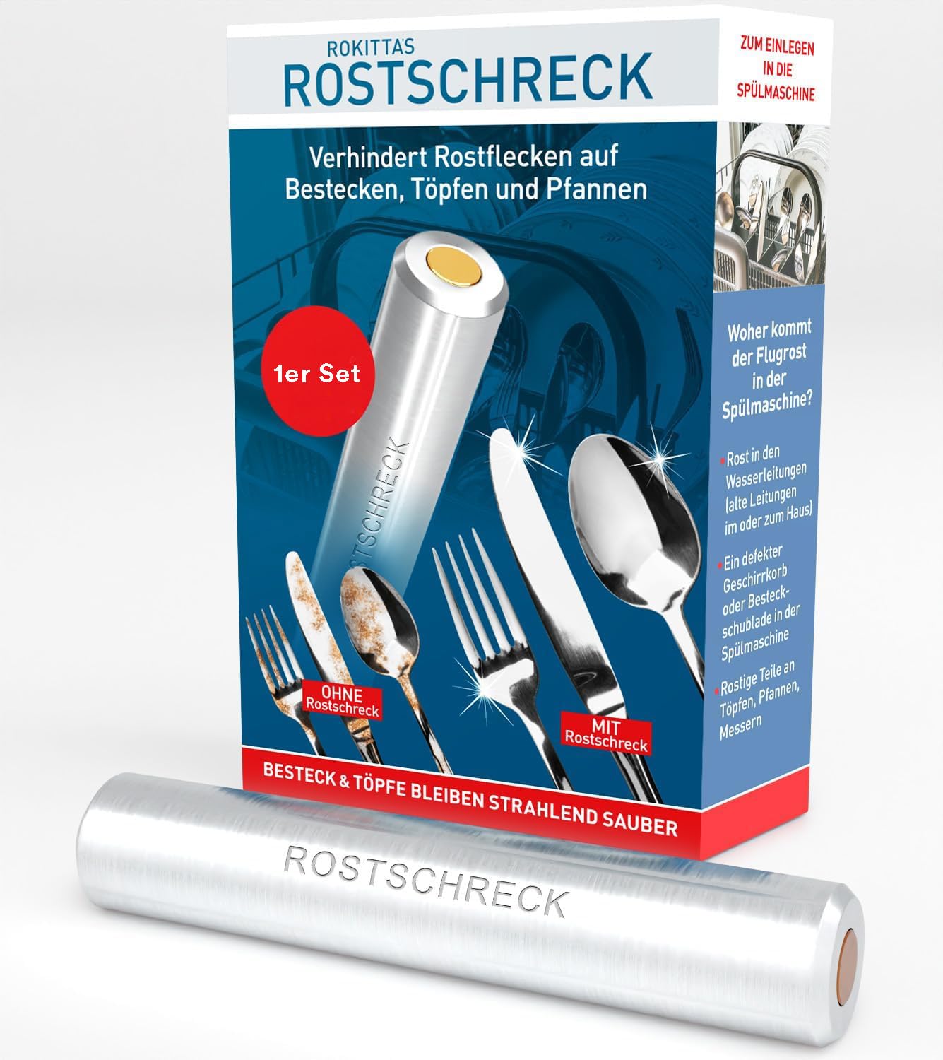 Rokitta's Rostschreck für Spülmaschine – 1er Set - Das Original – Rost Magnet gegen Flugrost – Für strahlendes Besteck, Töpfe, Pfannen & Geschirrspüler – Bekannt aus "Die Höhle der Löwen"