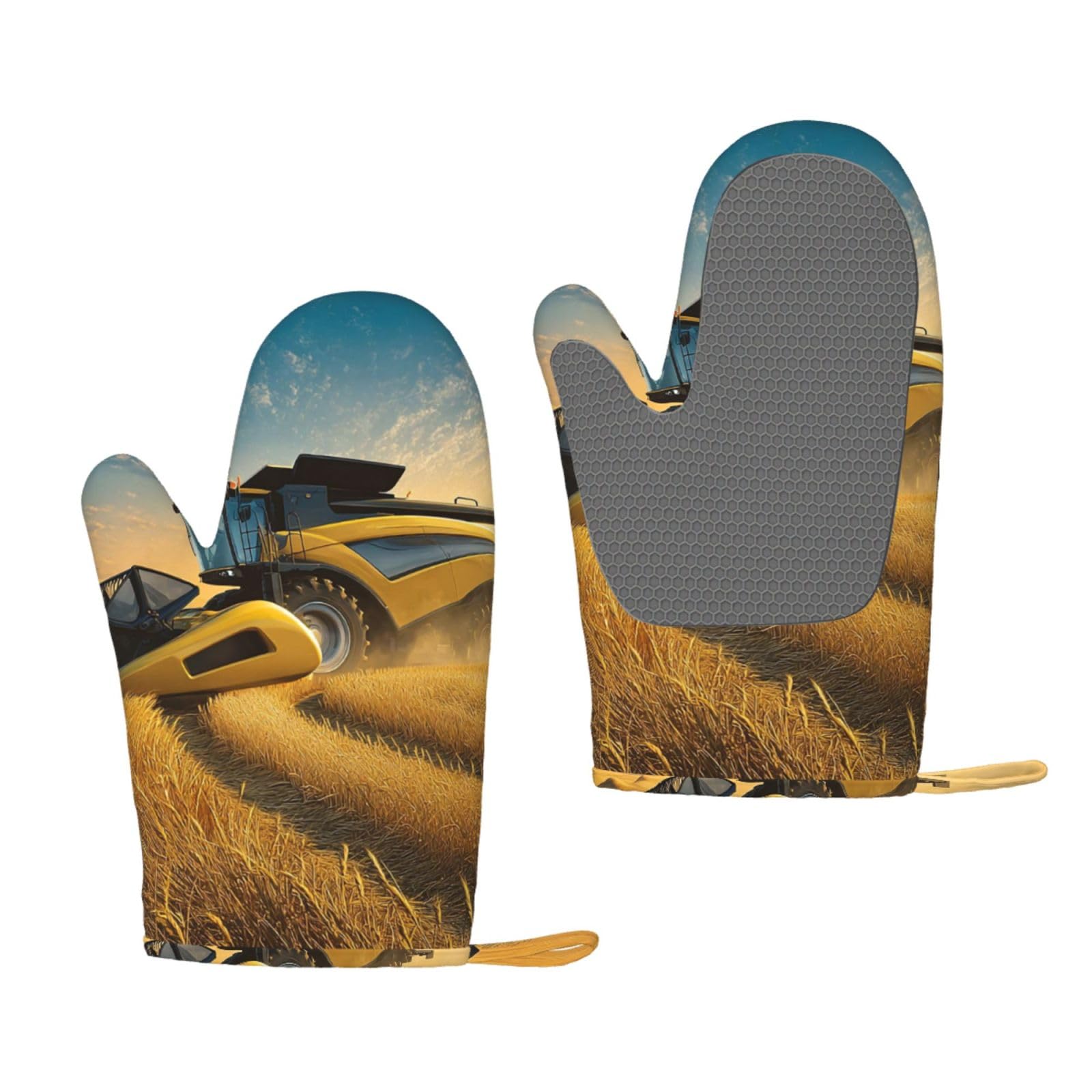 Oven Mitts Sets of 2 Heat Resistant Kitchen Gloves Farm Tractor Harvester Oven Mitts BBQ Oven Gloves Non-Slip Silicone Oven Mitts Waterproof Cooking Safety Gloves for Kitchen Baking Cooking