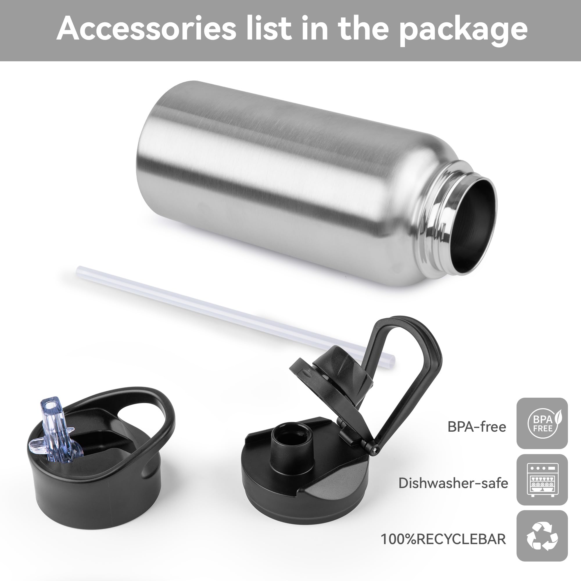 MURBONE Insulated Water Bottle, 1L Stainless Steel Drink Flask with Straw, BPA Free - Image 3