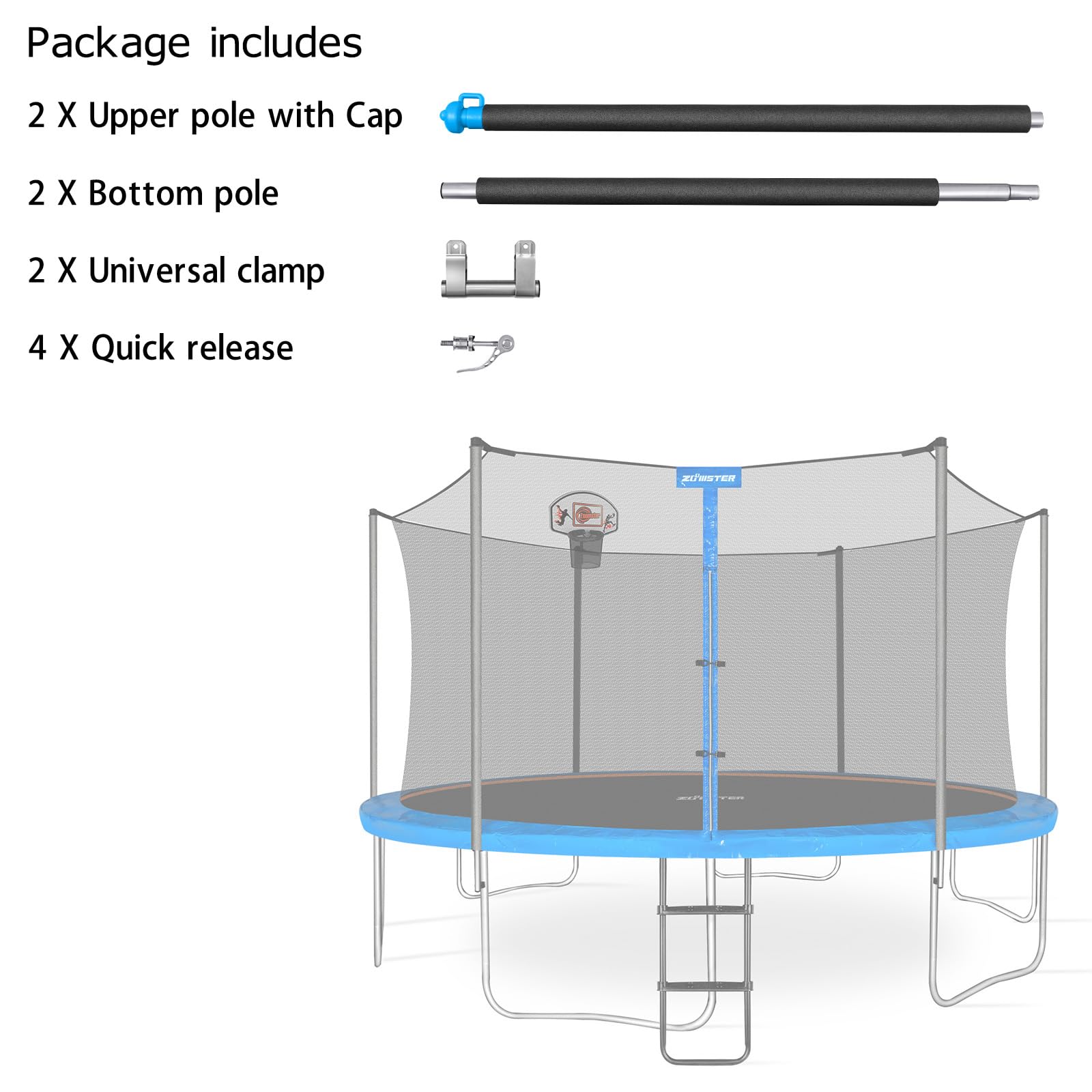 Trampoline Replacement Enclosure Poles with Clamp and Hardware Fits 10-16FT Straight Poles Trampoline (Can be Assembled by only one Adult)