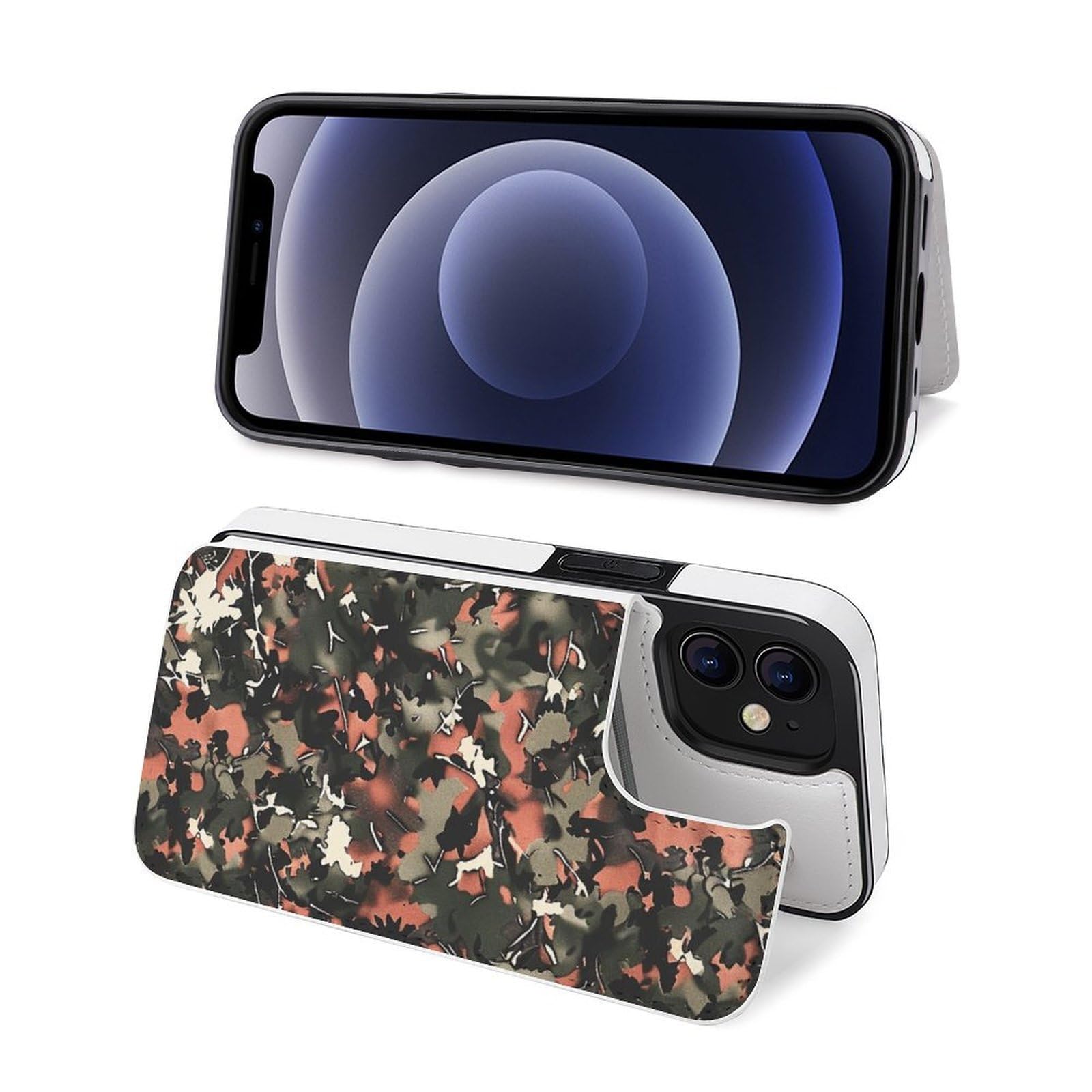 Funda tipo cartera para iPhone 12 Mini, diseño de camuflaje, de piel, con ranuras para tarjetas