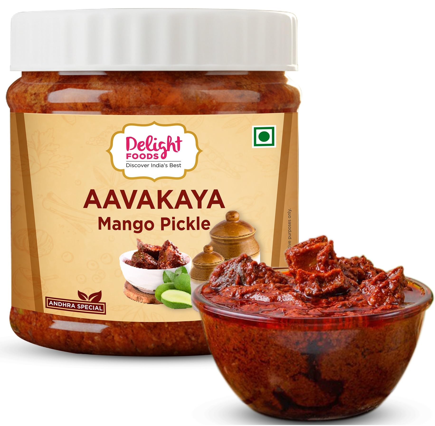 Delight Foods Andhra Special Aavakaya Mango Pickle 250gm | Traditional Avakai/Avakaya Pickle | Made with Cold Pressed Sesame Oil, Fenugreek Seeds, Mustard Seeds | No Preservatives