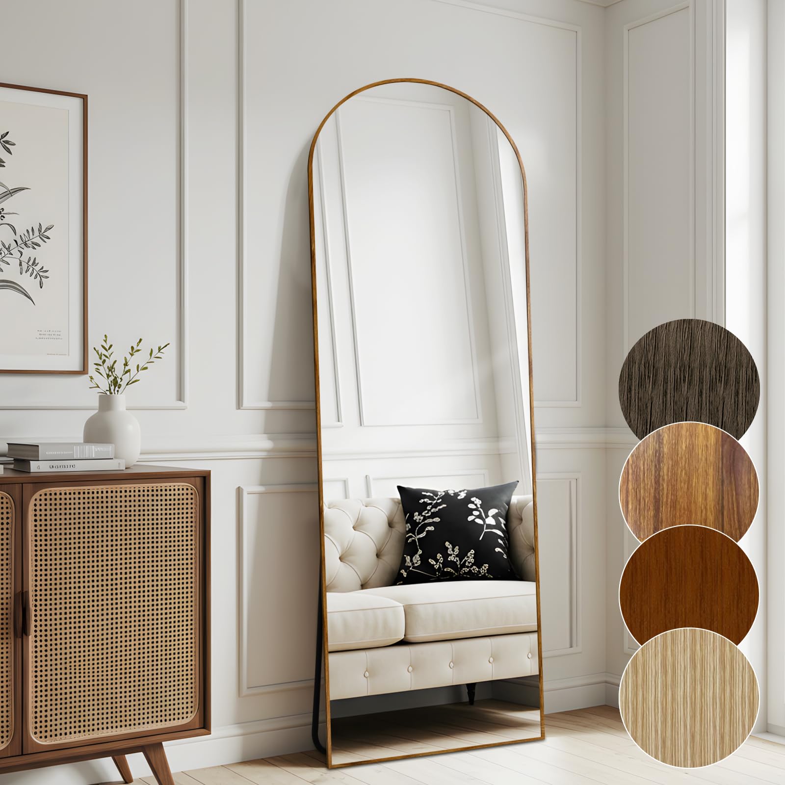 Melodieux 147 x 44 cm Golden Phoebe Arched Mirror - Aluminium Frame with Wood Look, Freestanding Hanging Wall Mounted Full Length Dressing Mirror for Living Room, Bedroom