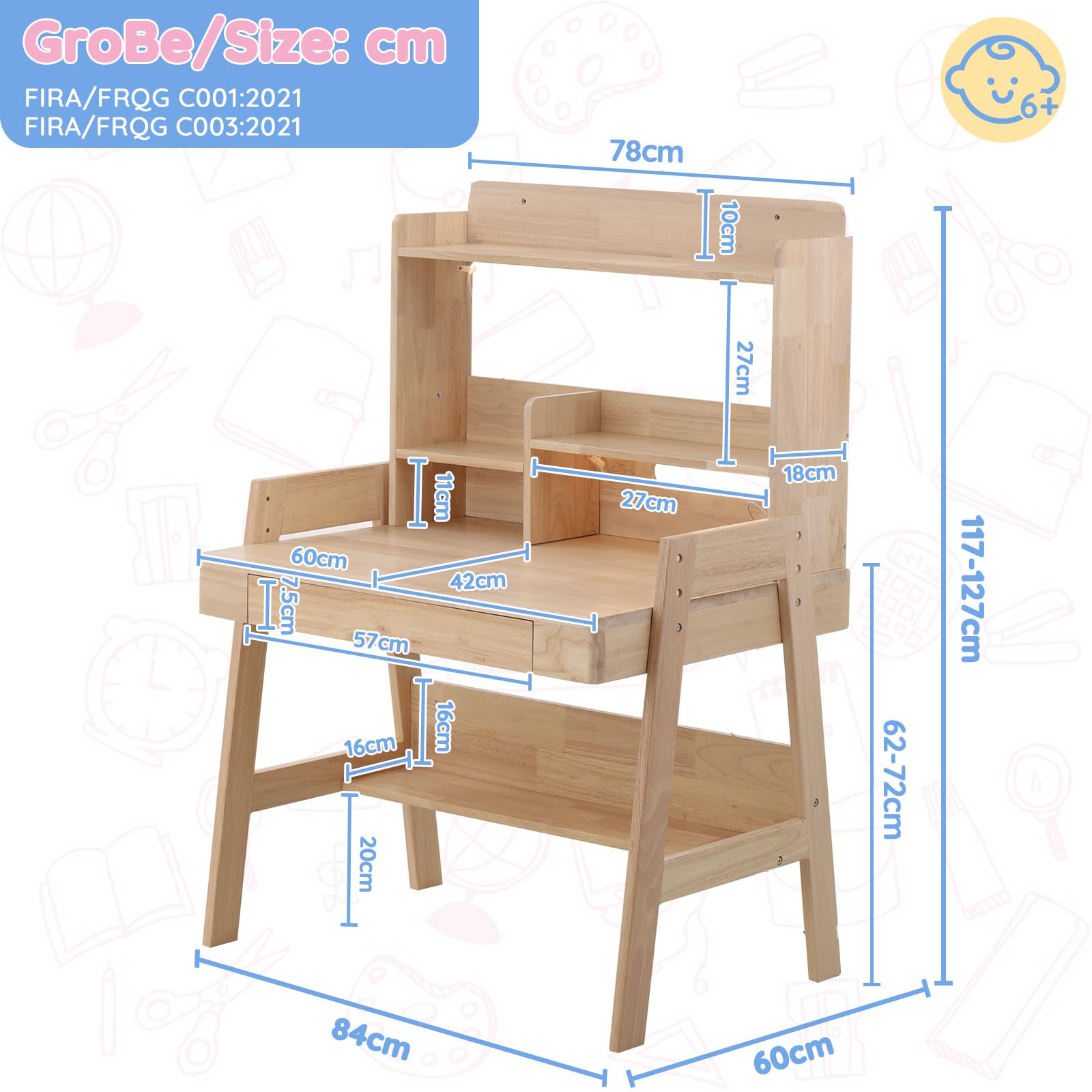 Mrwoo Kindertisch mit Stauraum, Schreibtisch Kinder mit 1 Schublade, Holzlatten Offene Regale mit LED-Lichtleiste & USB, Schülerschreibtisch für Kinder ab 6 Jahren (Natural - A)
