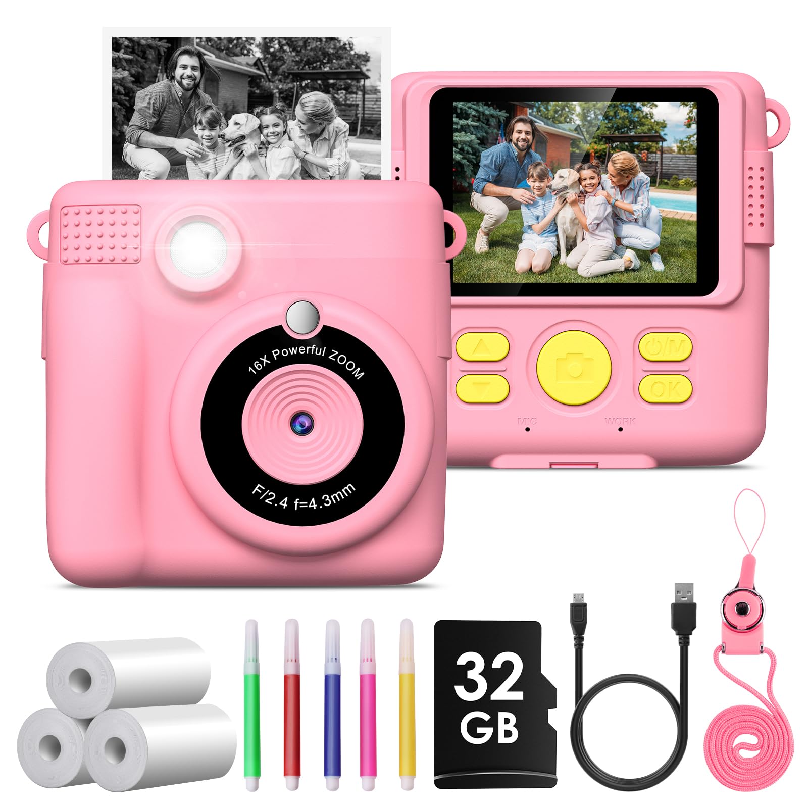 Appareil Photo Instantané Pour Enfants - Impression Directe Noir Et Blanc, Écran 2,4", 1080P, Carte 32 Go Incluse - Cadeau 3-12 Ans
