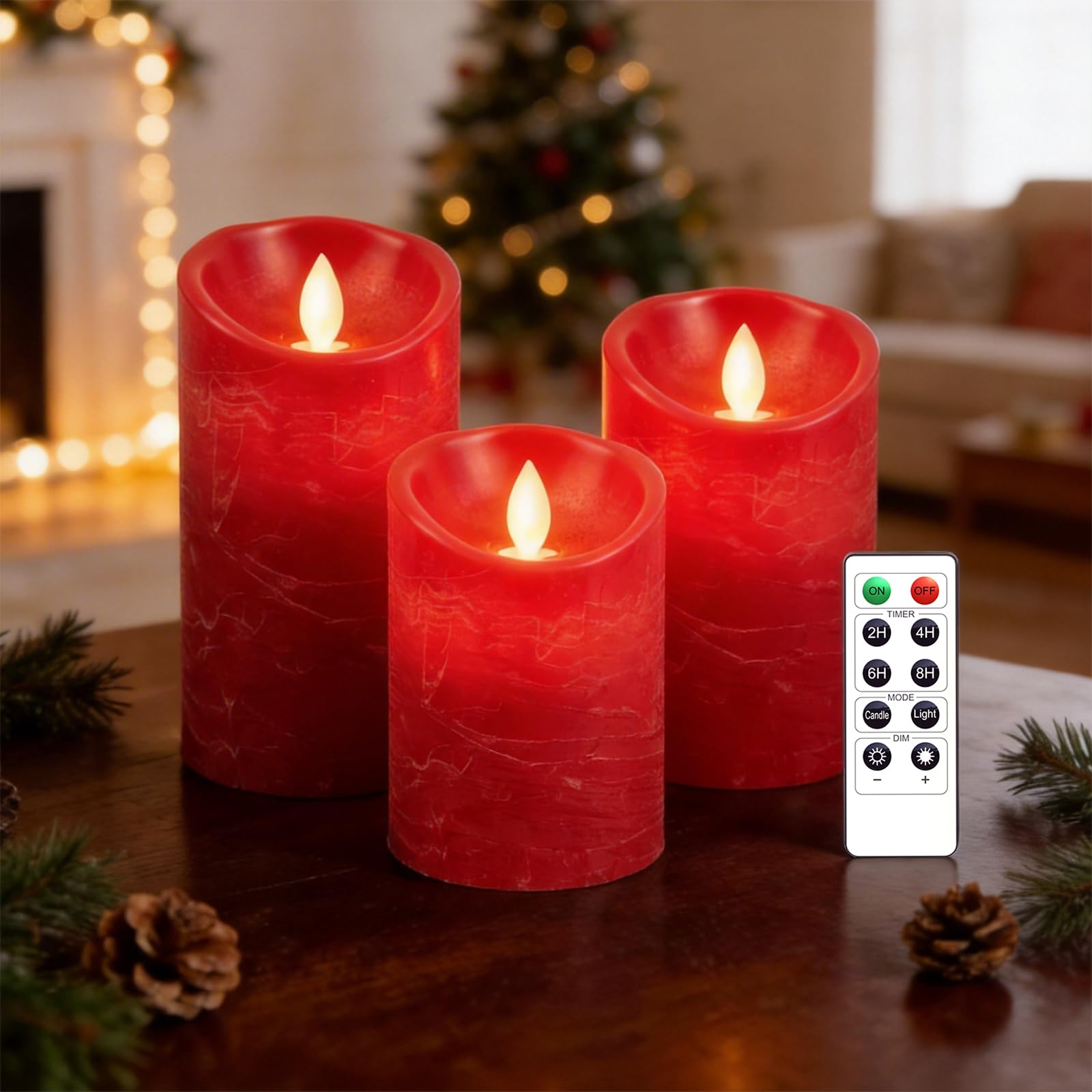 AnnSpa 3 Set LED Candles Battery Operated with 10-Key Remote Control and Cycling 24 Hours Timer, Red Flameless Real Wax Flickering Moving Wick Flickering Amber Yellow Light Pillar Candles - Red — image 1