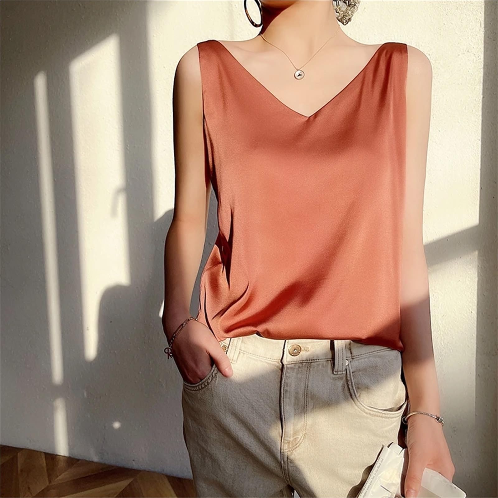 Top de Camisola de Seda Ropa Interior for Mujer, de Seda, con Tirantes y Escote en V, Lisa, combinable Todo, satén, Holgada, Fina, sin Mangas para IR al Trabajo