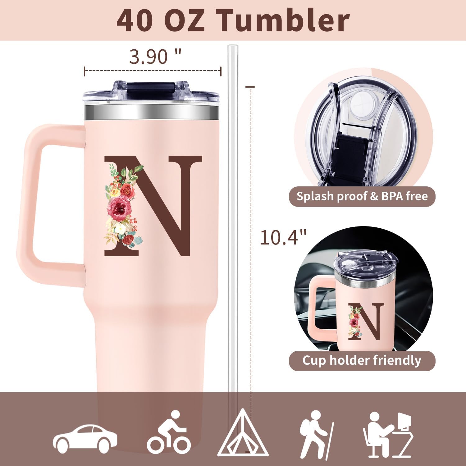 Monogrammed 40oz Tumbler with Handle for Women, Personalized Birthday Gifts for Women,Initial Cups for Woman Floral Letter N,Customized Gifts for Female Lady Gift for Mothers Day Christmas - Image 4