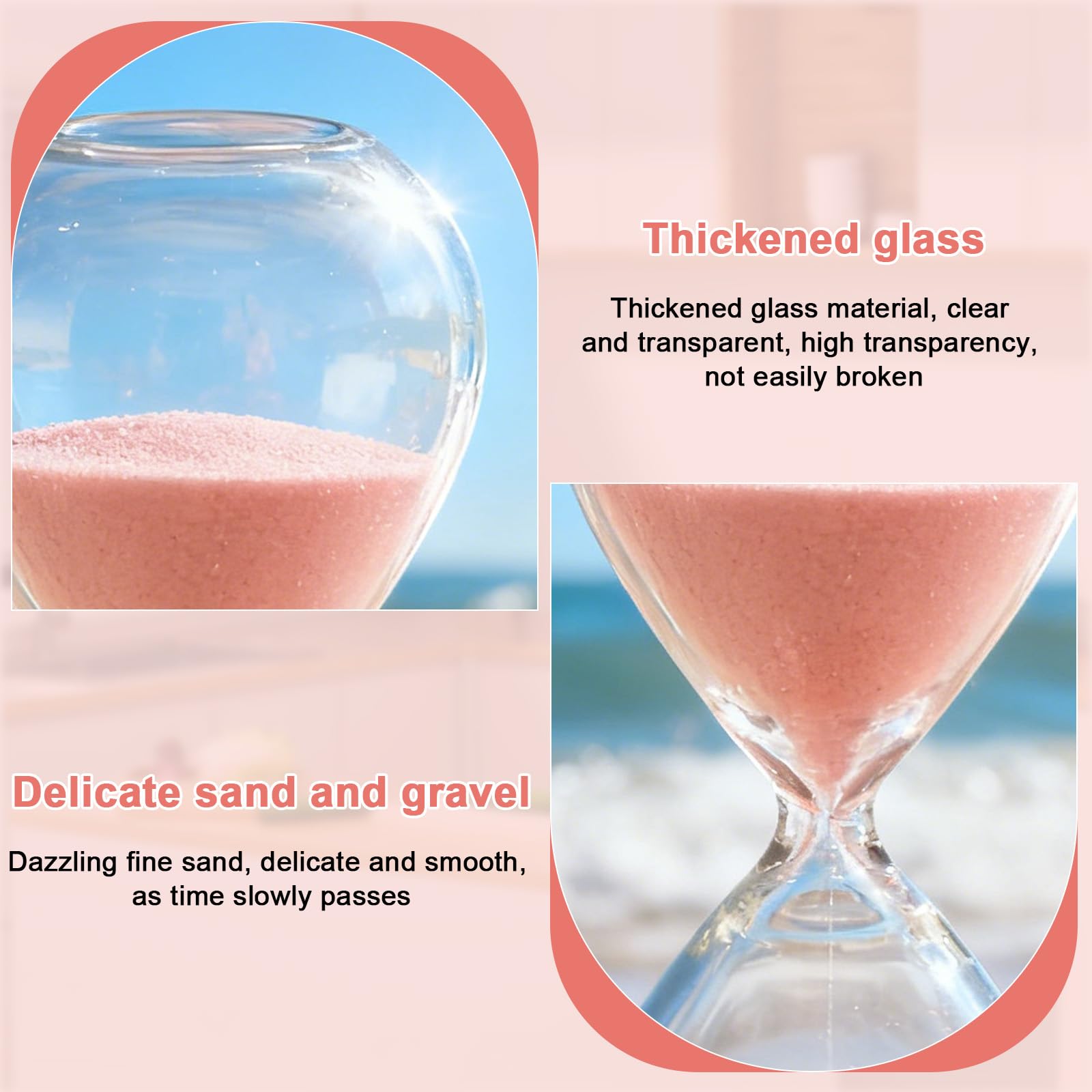 2 clessidra, 30 minuti, clessidre colorate in vetro, sabbia time, grande vetro sabbiato in vetro borosilicato per casa, scrivania, ufficio, 8 x 8 x 20 cm, rosa+bianco
