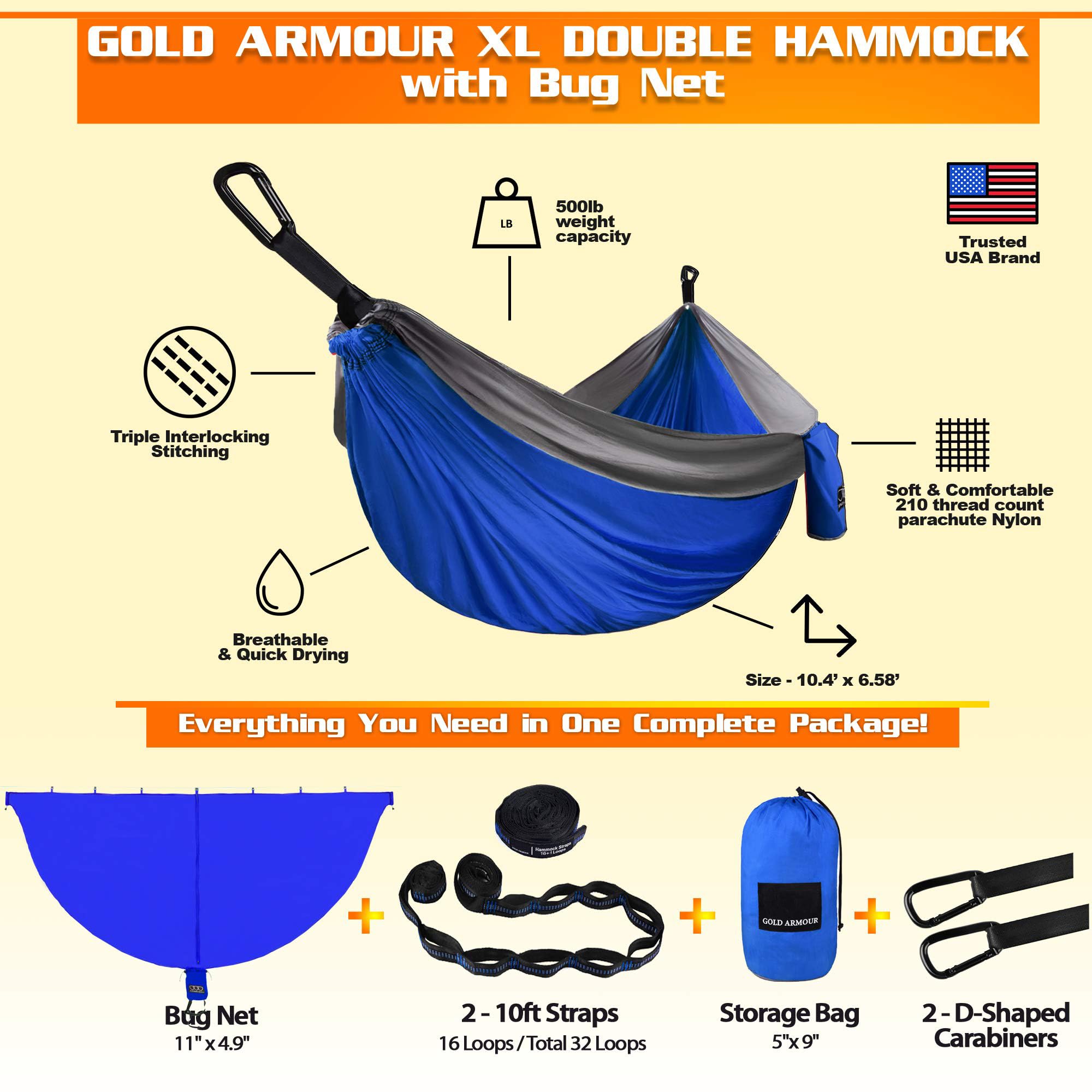 Gold Armour XL Double Camping Hammock With Bug Net - 2 Person Portable Hammock Set For Outdoor & Indoor Use