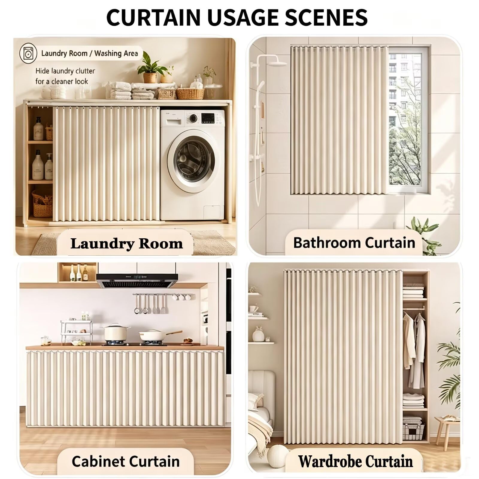 Rideau de placard pour buanderie avec fermeture magnétique W140xH70cm Beige