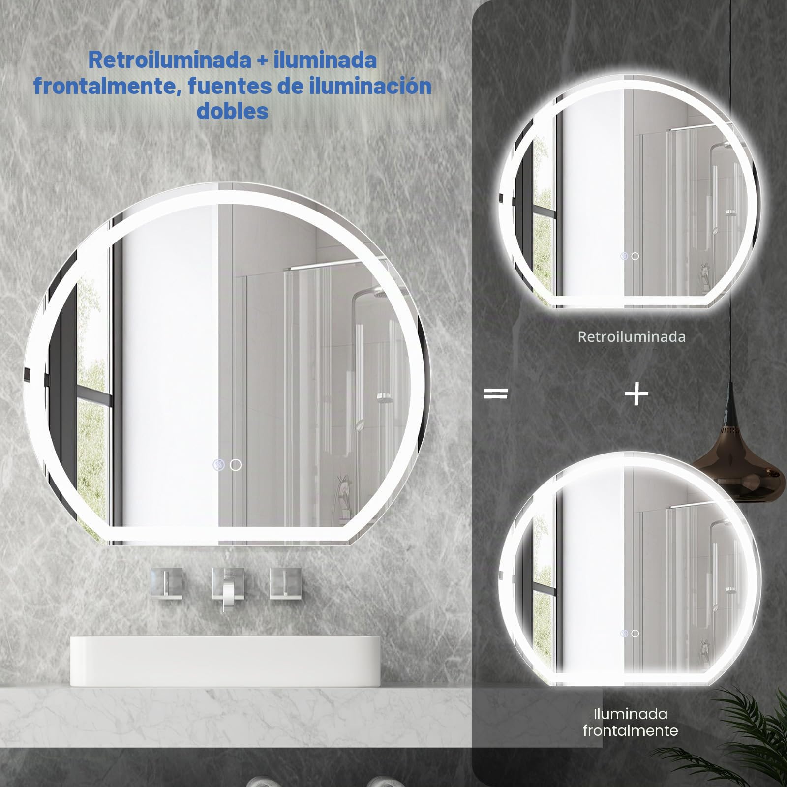 FANTASK Espejo de baño LED con iluminación, antivaho, Espejo de Pared Regulable con Interruptor táctil y función de Memoria, Espejo Colgante LED para baño, 60 x 54 cm, Color Plateado