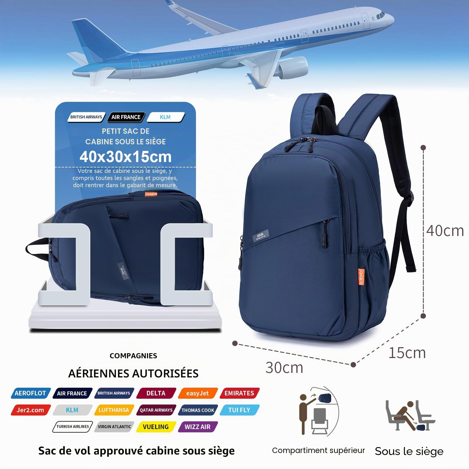 40x30x15cm Air France British Airways Wizzair Sac a Dos Voyage Bagage Cabine Avion Vueling sous Le Siege, Imperméable Nylon Sac à Dos Ordinateur Portable 14 Pouces pour Femme Homme