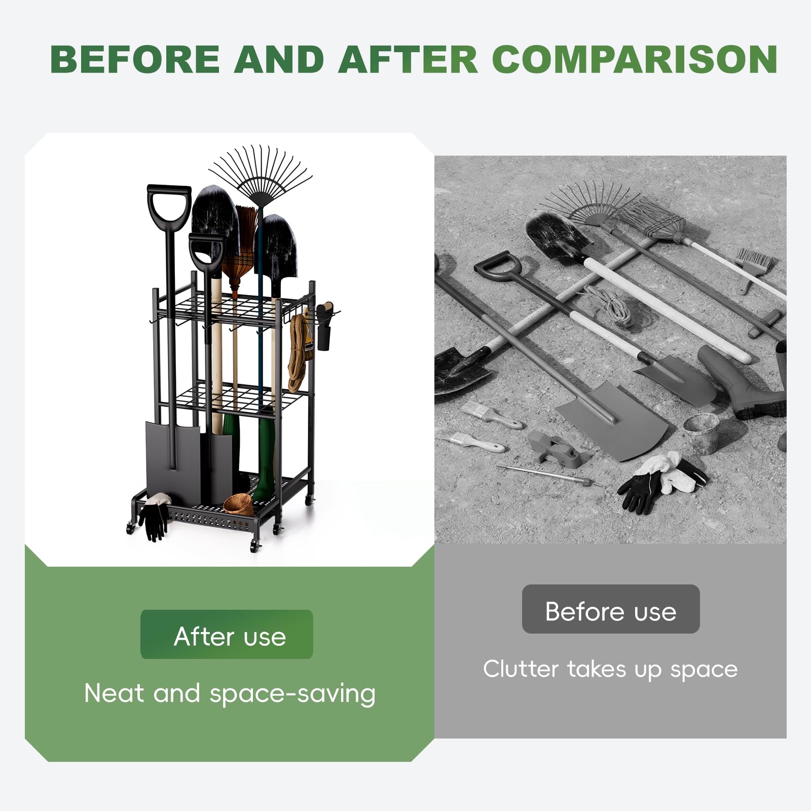 Organizer per attrezzi da giardino, Organizzazione Stoccaggio Riparo Esterno per Attrezzi, Rastrelli, Scope a Manico Lungo da Officina, per garage e garage, organizer da giardino , 50 x 43 x 79cm