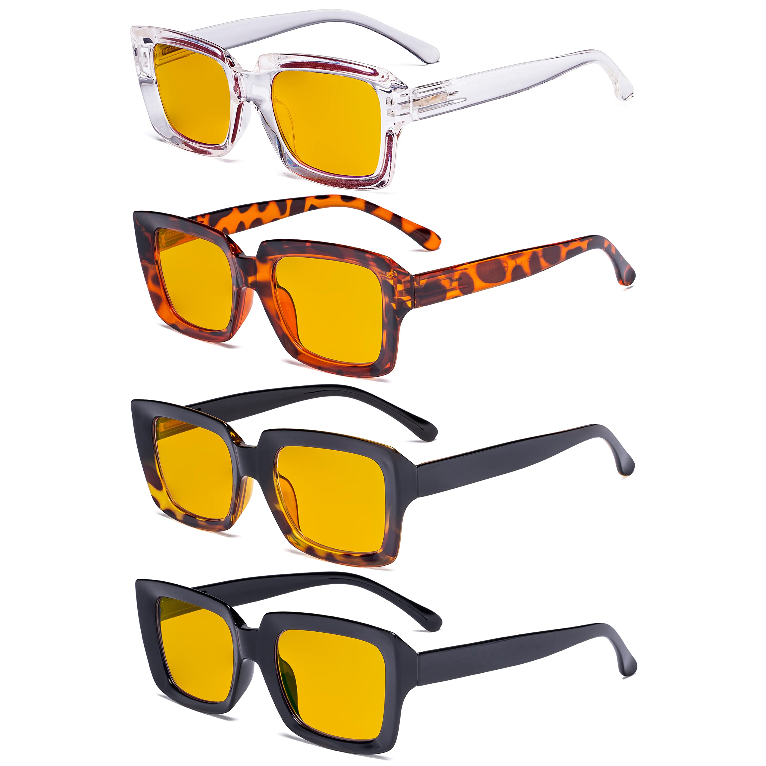 Eyekepper 4 Pack Reading Glasses Blue Light Blocking Oversized Square Computer Readers Amber Tinted +0.75