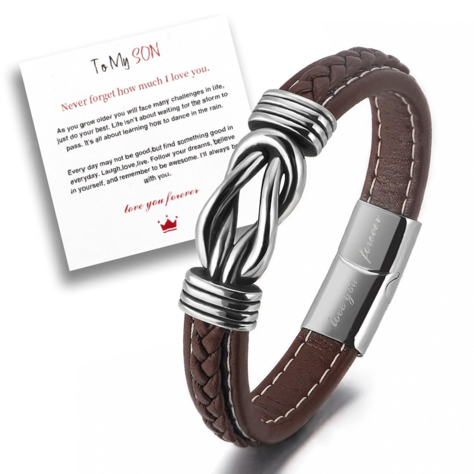 Bracelet Mère Et Fils Cuir Tressé - Fermoir Magnétique Acier Inoxydable - Cadeau Anniversaire, Remise De Diplôme - Message Inclus