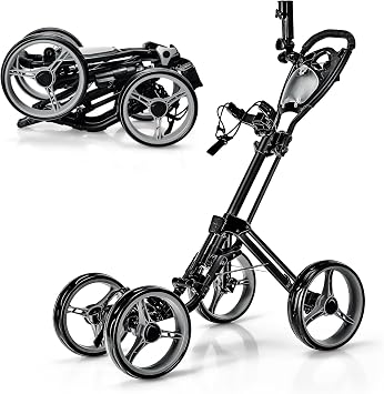ULTIMATE 4 Wheel Golf Push Cart, Folding Golf Walking Cart w/Elastic Straps, Umbrella&Cup Holder, Scoreboard Storage, Lightweight Golf Trolley Cart w/Height Adjustable Handle&Foot Brake