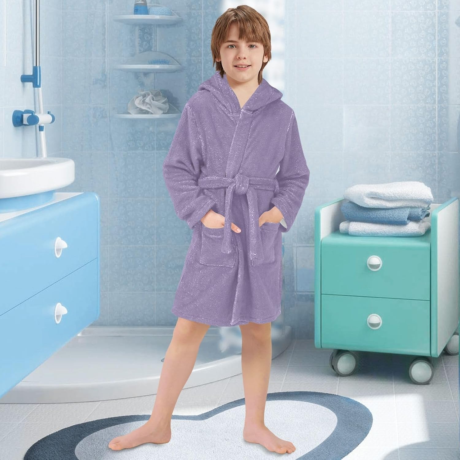 Grayish Purple Kids Bathrobe, Soft Plush Hooded Towel for Boys Girls, Quick Dry Swim Beach Bath Robe