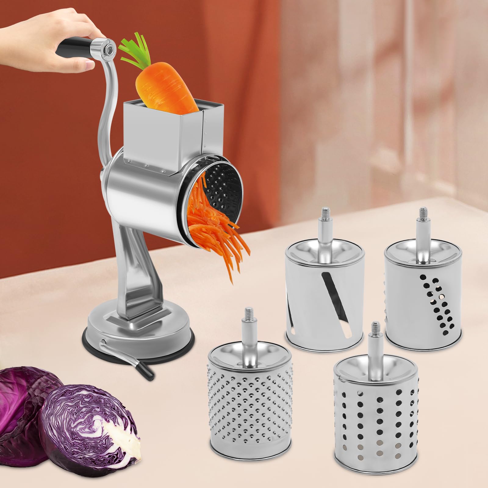 Affettatrice manuale per verdure 5 in 1 multifunzione Veggie Chopper Rotary Drum Grattugia a tamburo Grattugia per formaggio con 5 tamburi da taglio in acciaio inox