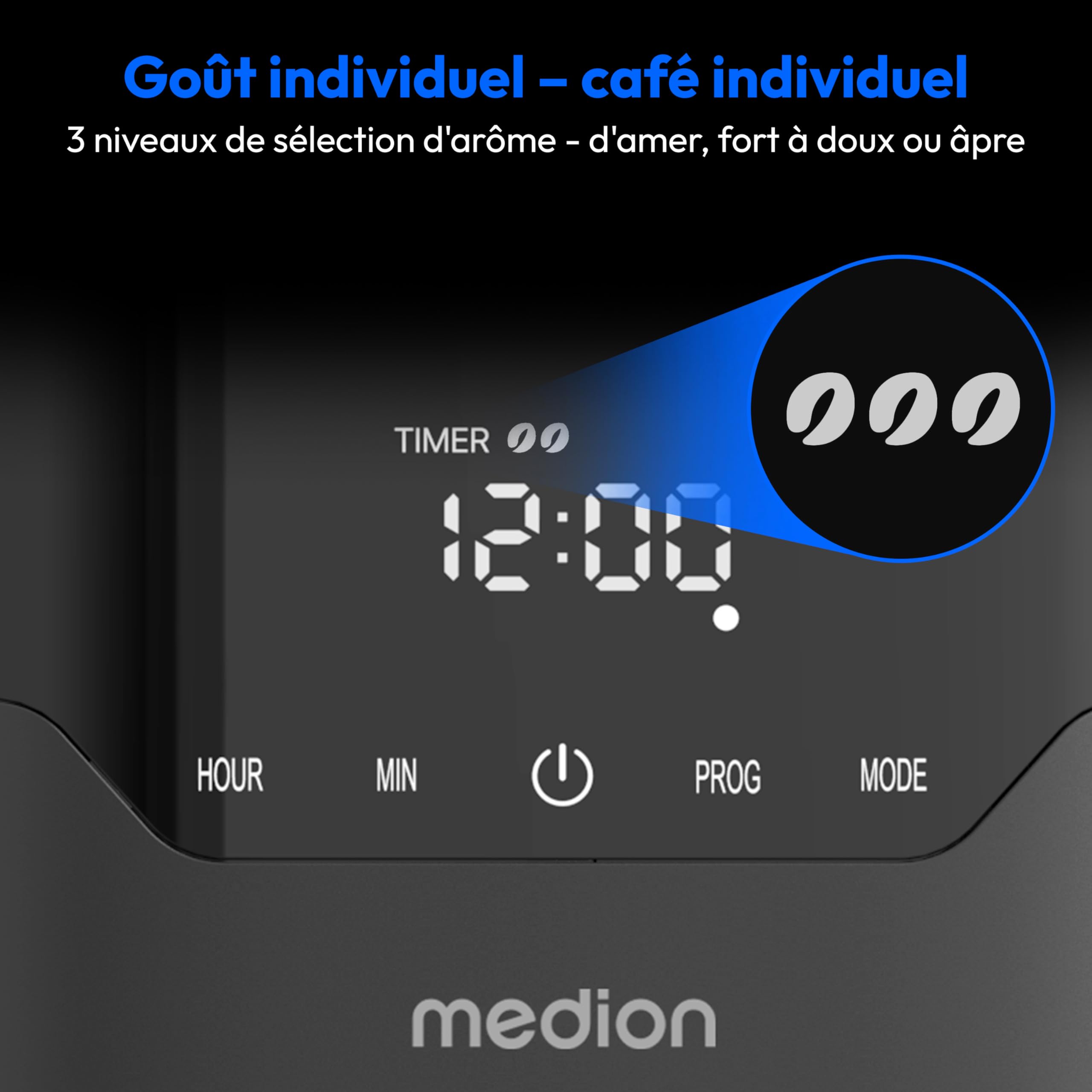 MEDION Cafetière avec verseuse isotherme et minuteur (filtre, 8 tasses, 1,2 L, 900 W, 3 niveaux, maintien au chaud, minuterie, anti-goutte, affichage, MD18458), noir mat
