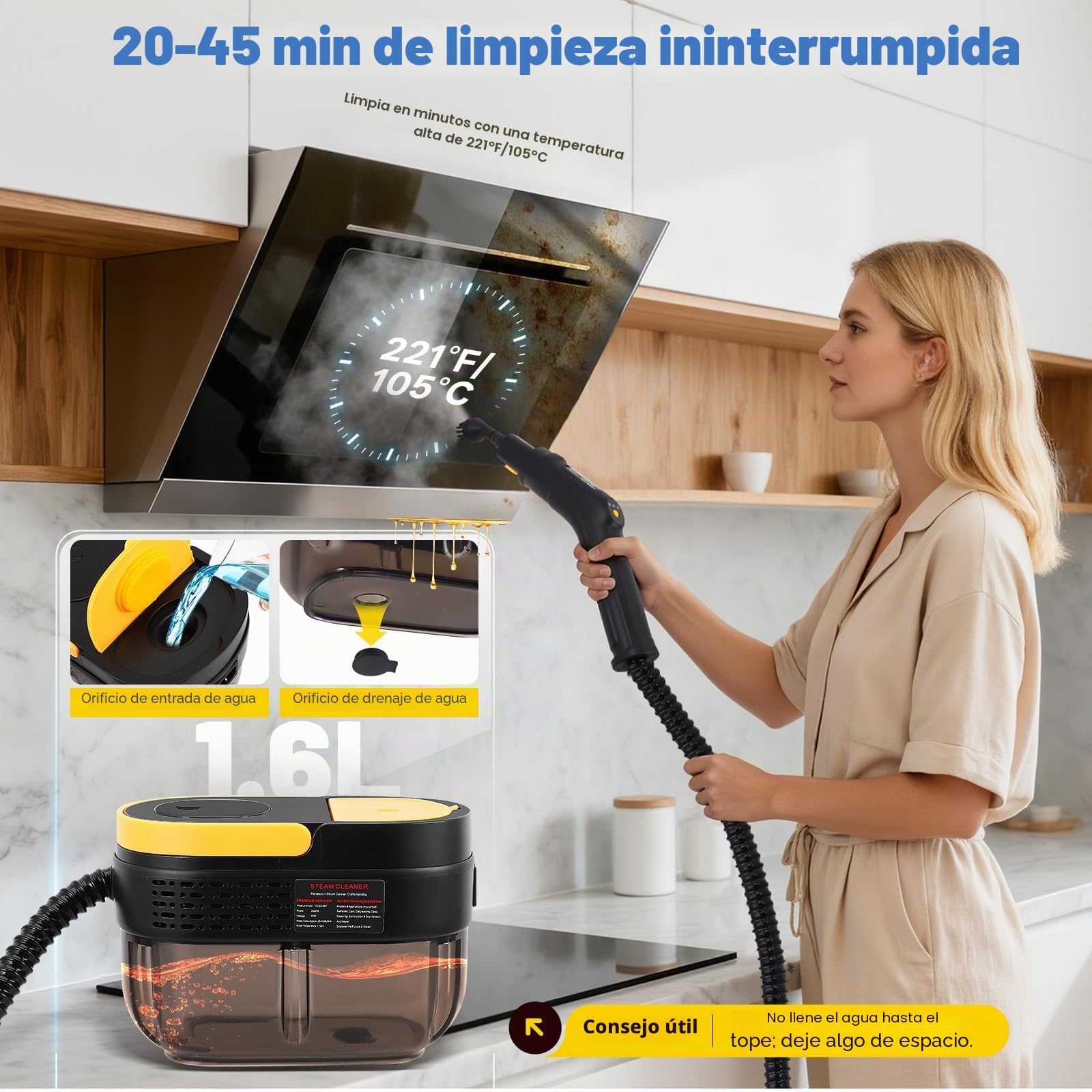 Limpiador de vapor, Molina de vapor de 2500W para limpieza, Dispositivo portátil de limpieza de vapor para el hogar, Limpiador de vapor de coche con controlador(amarillo)