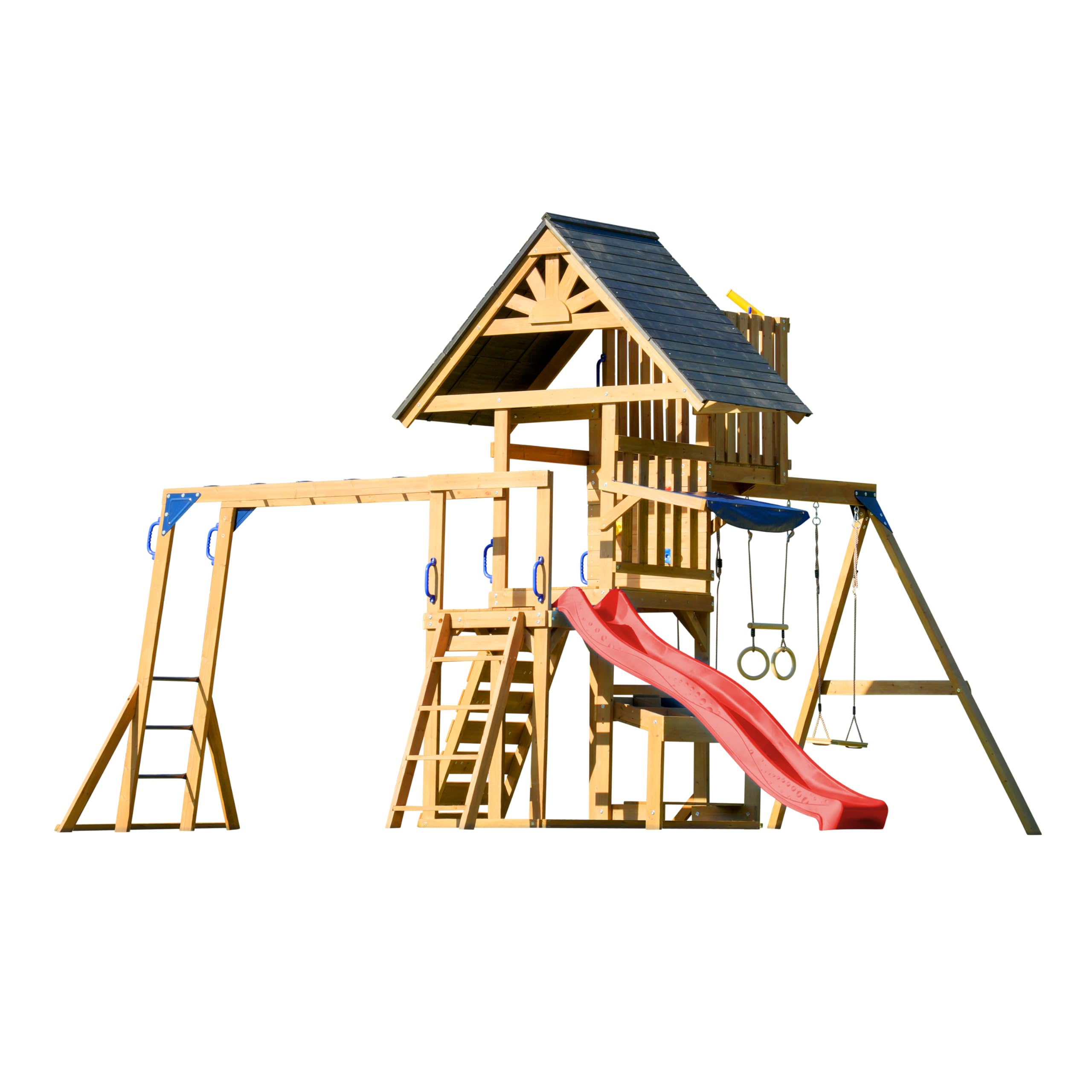 AXI Mitch Wooden Children's Park in Brown | Games Tower with Sandbox, Trapeze, Viewpoint Tower, Double Swing and Red Slide | Playhouse on Stilts for the Garden. The Forest Stewardship Council