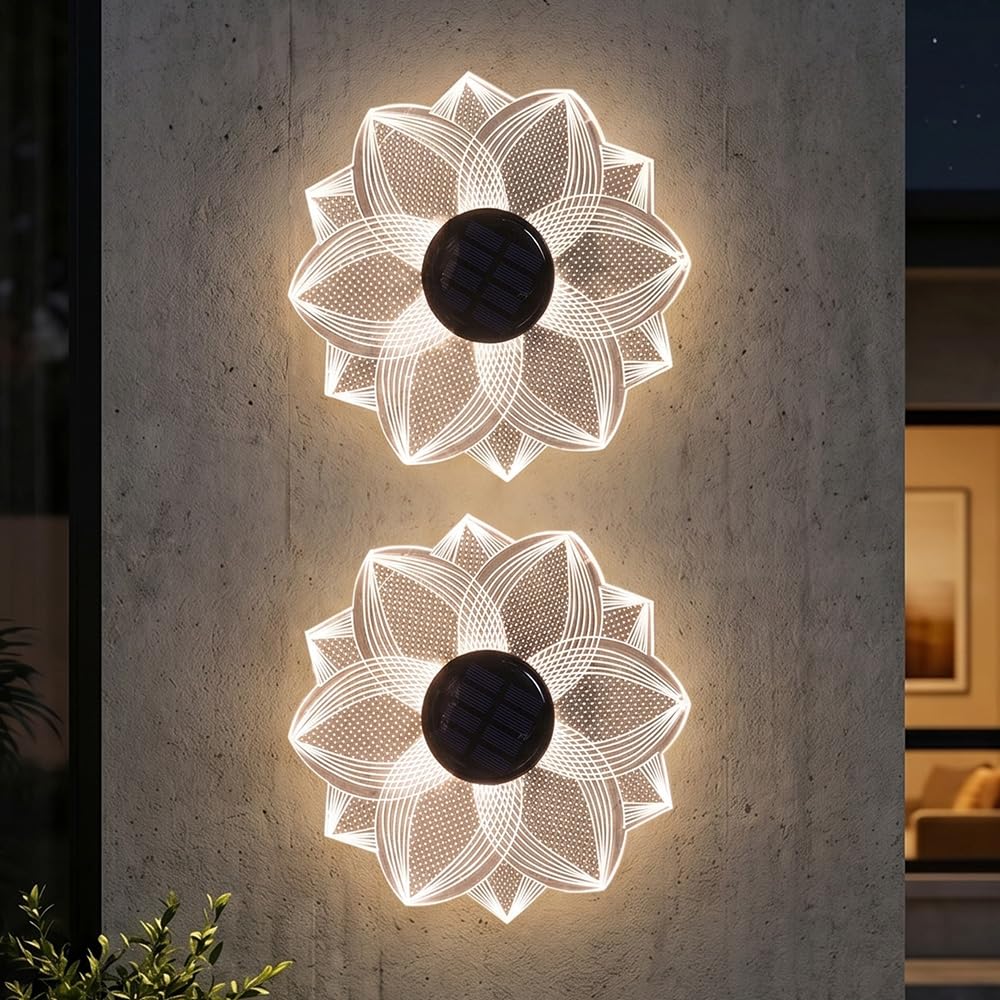 YOFHPT Solar Flower Wall Lights, Solar Wall Art Outdoor Garden, Acrylic Led Flower Sol-ar Lights Outdoor Garden, So-lar Stake Lig-hts Gar-den, Solar Ga-rden Path Ligh-ts for Patio, Fence, Balcony
