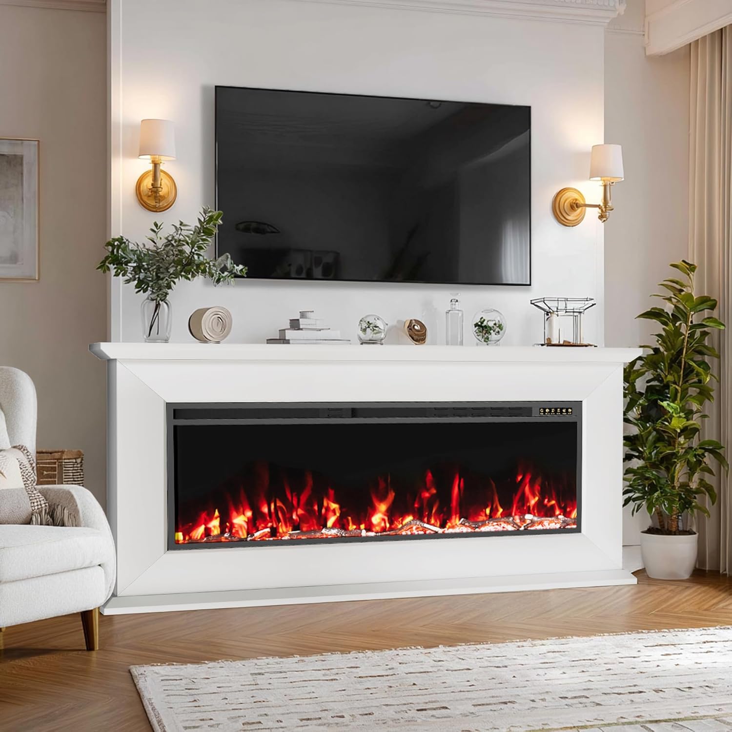 72 Inch Electric Fireplace with Mantel | Fireplace TV Stand with Led Light | 60 Inch Replaceable Fireplace Insert Heater for Living Room Bedroom