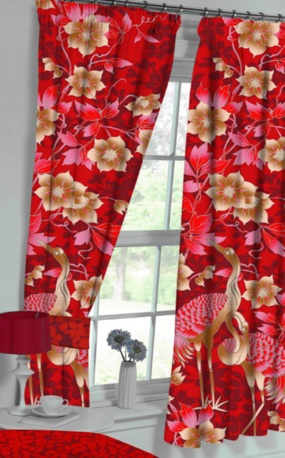 MyHome Heron Red Wine Gold 66" x 54" Unlined Pencil Pleat Curtains & Tie Backs Bird Floral