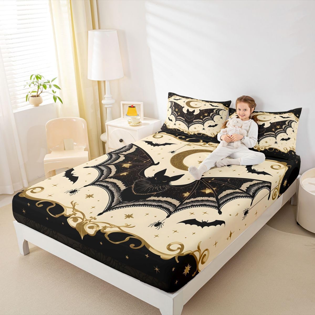 Gothic Bat Bed Sheets Queen Happy Halloween Fitted Sheet Boho Vintage Animal Bedding Set for Kids Boys Girls,Starry Sky Moon Galaxy Bed Cover 3 Pcs