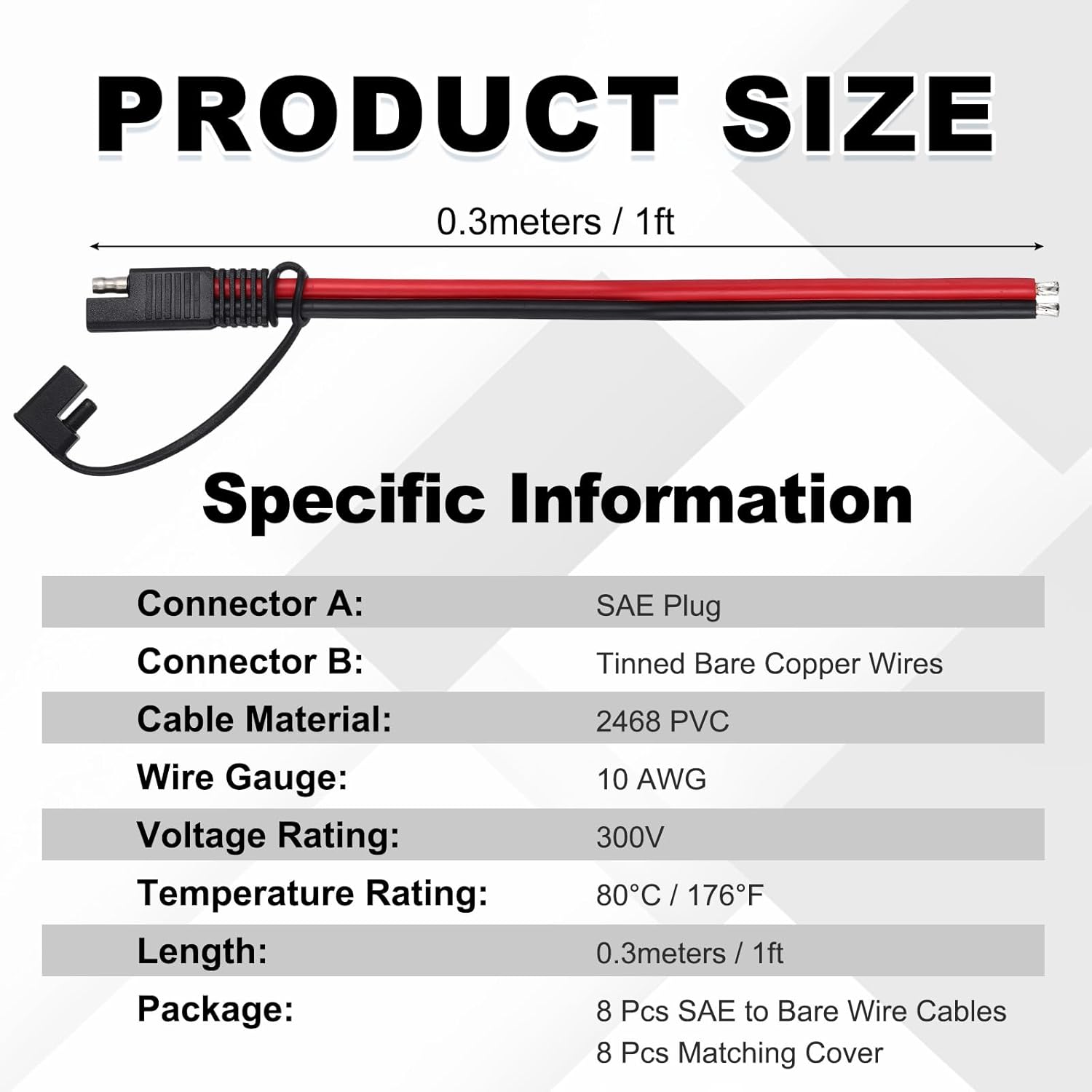 MECCANIXITY SAE Connector, 1FT 10 AWG SAE Extension Cable with Cover, 2 Pin Single Plug Quick Connector to Tinned Bare End 300V for Solar Panel Cars Motorcycles Boat, Pack of 8