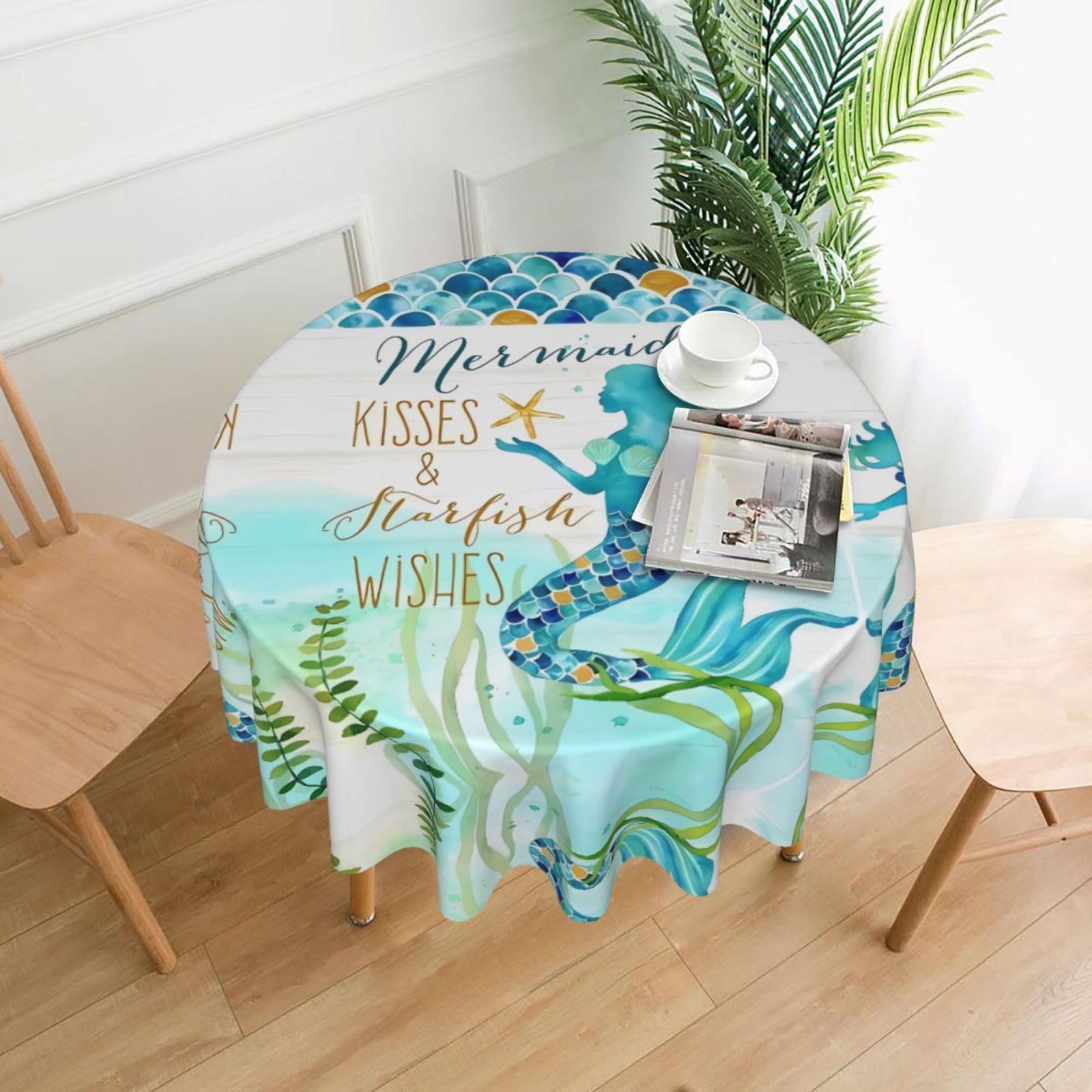 YYHHAOFA Mermaid Prints Round Decorative Tablecloth 60in - High-Grade Polyester Throw for Dining Tables, Parties, & Outdoor Events