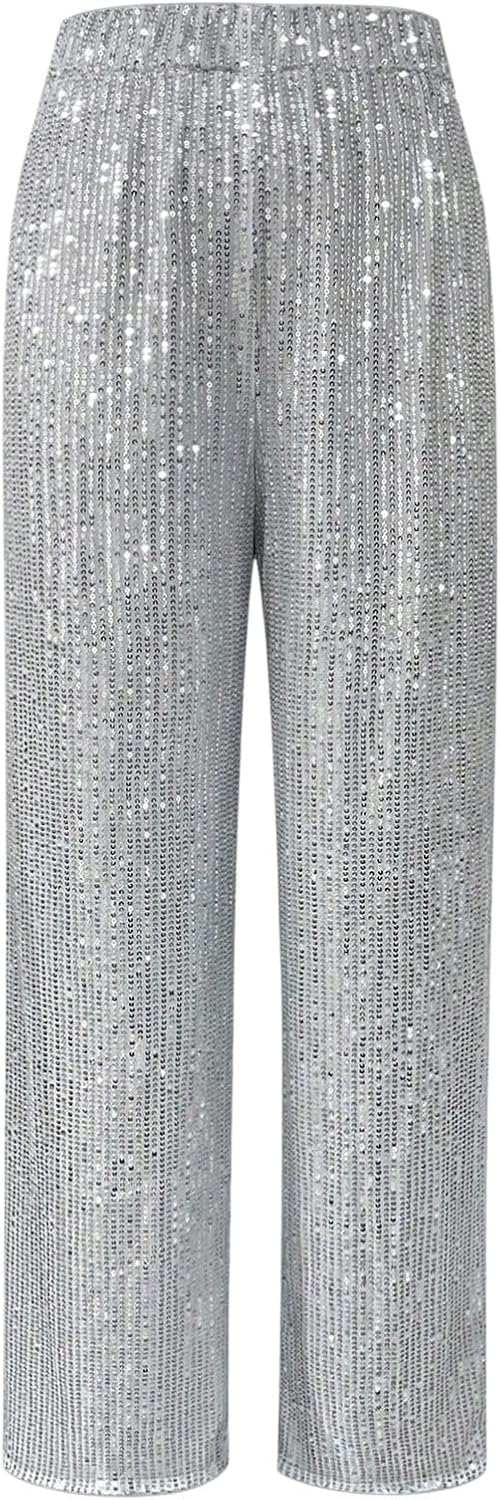 SHENHE Women's Sparkly Sequin Pants Elastic High Waisted Wide Leg Glitter Rave Party Pants
