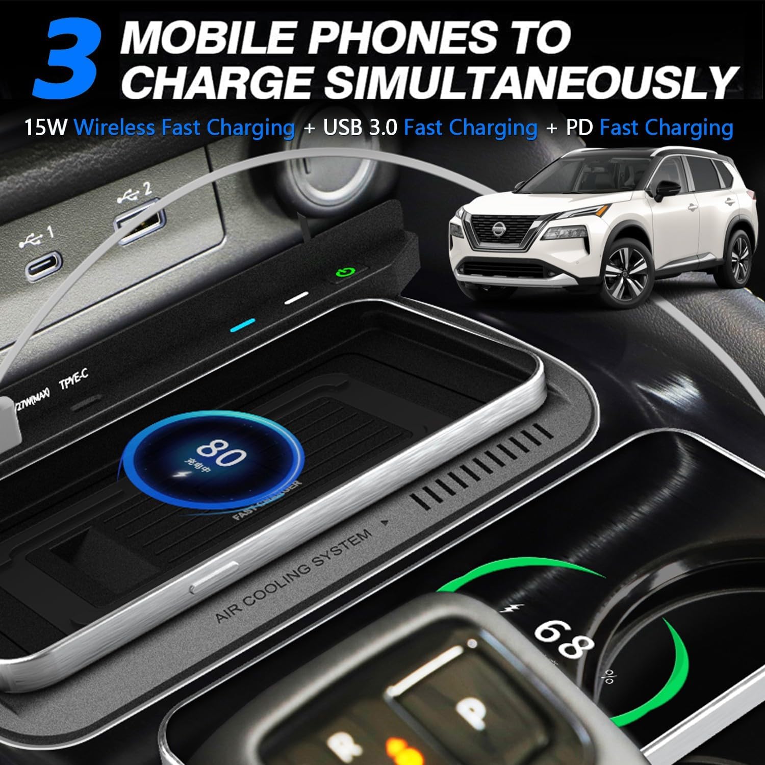 Upgrades Wireless Car Charger for Nissan Rogue Accessories 2021 2022 2023, OEM Style Phone Fast Charging Pad for Nissan Rogue S SV SL Platinum T33 Car Interior Center Console Accessory