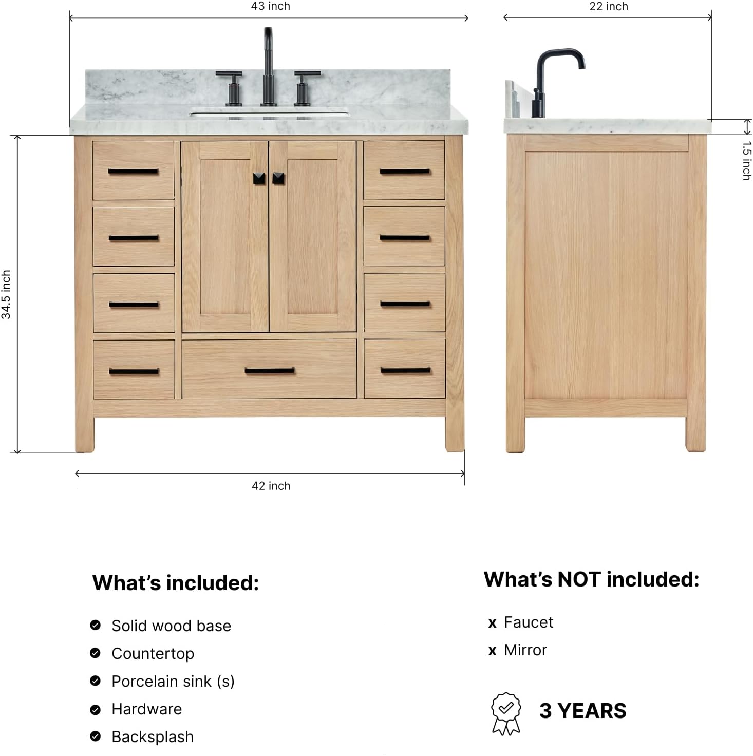 ARIEL Cambridge 42-inch Bathroom Vanity with Sink,Solid Wood, 1.5-inch Italian Carrara Marble Countertop, Single Rectangular Porcelain Sink, 2 Soft Closing Doors, 9 Dovetail Drawers, White Oak