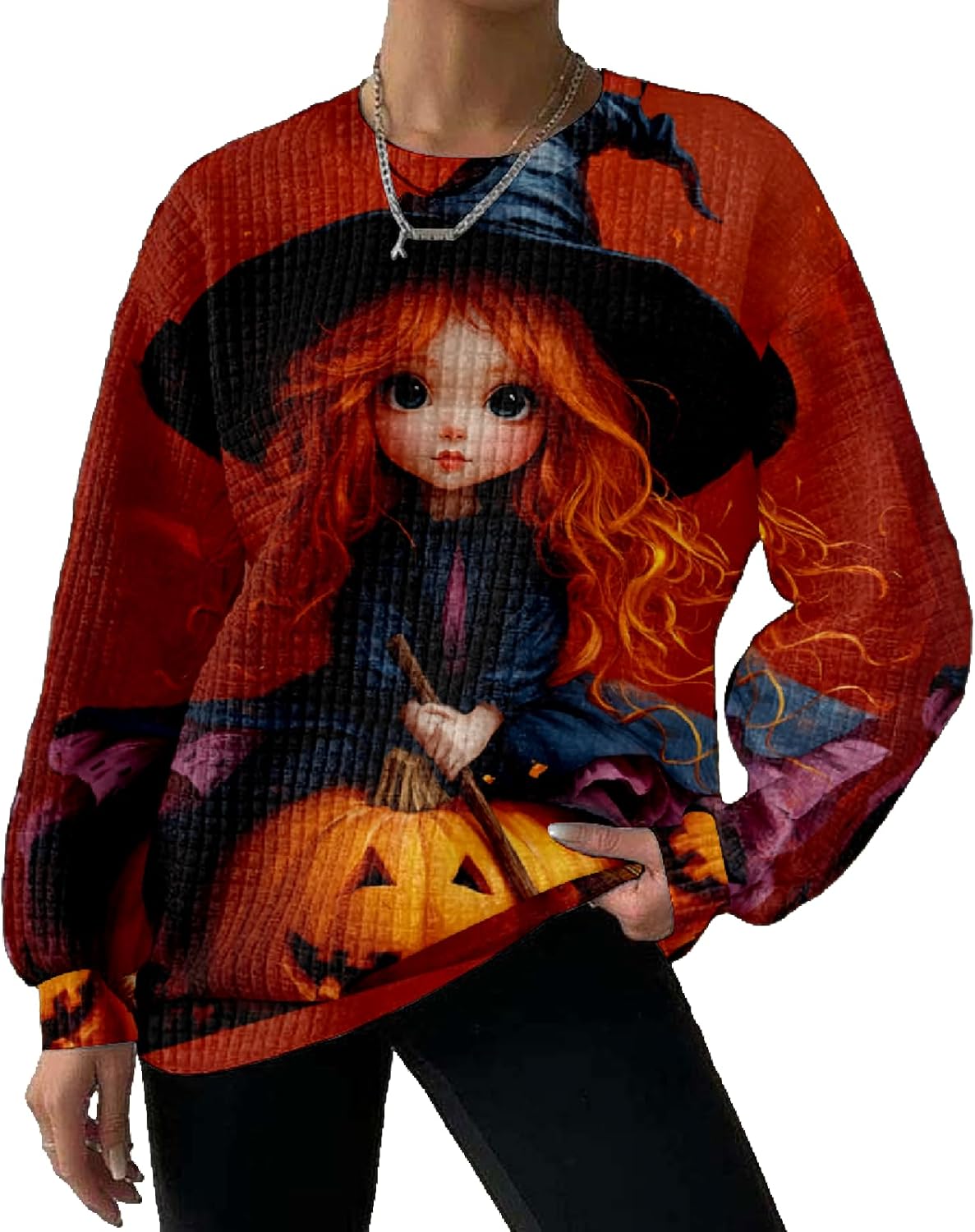 MARSVOVO Sweatshirts for Women Fall Winter 2025 Halloween Witch Pattern Long Sleeve Crewneck Lightweight Casual Outfits