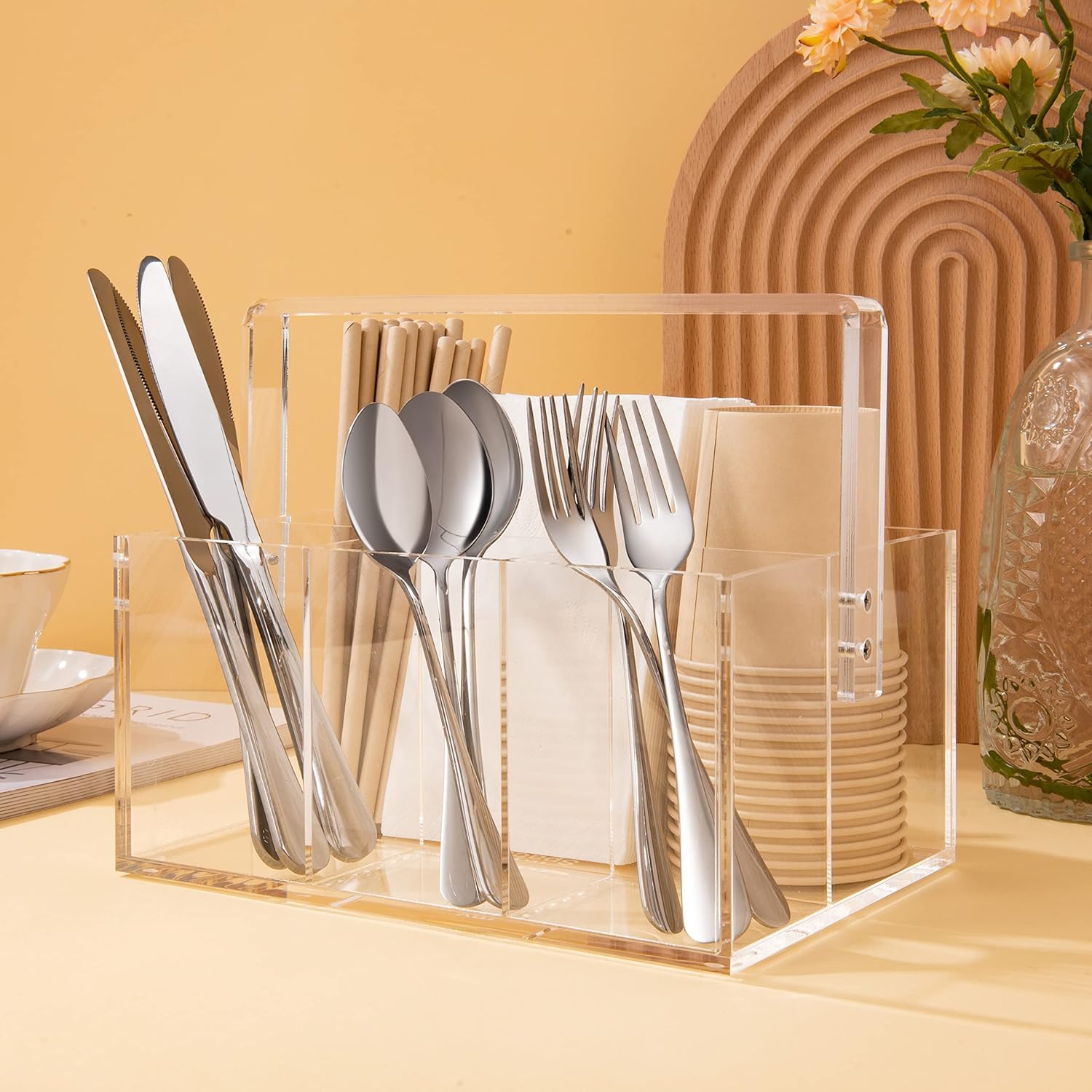 Nzwbshssp Acrylic Handle Utensil Holder Silverware Caddy Countertop Cutlery Organizer Acrylic Party Utensil Holder For Knives Forks Spoons Plates Napkins, Flatware Caddy For Countertop Table Buffet Picnic(Acrylic Handle)