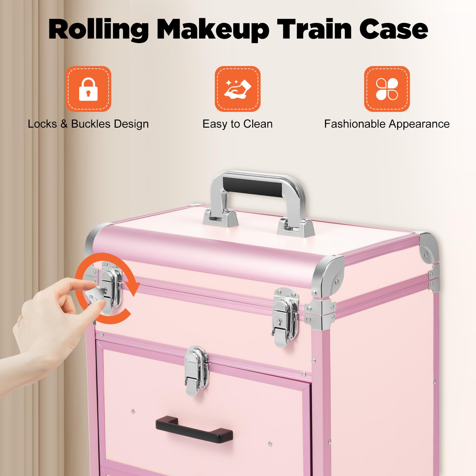 Maletín de maquillaje con ruedas con 50 compartimentos, maletín de maquillaje con 2 cajones y bolsa extraíble, de aluminio, con cerradura, capacidad de carga de 50 kg, color rosa