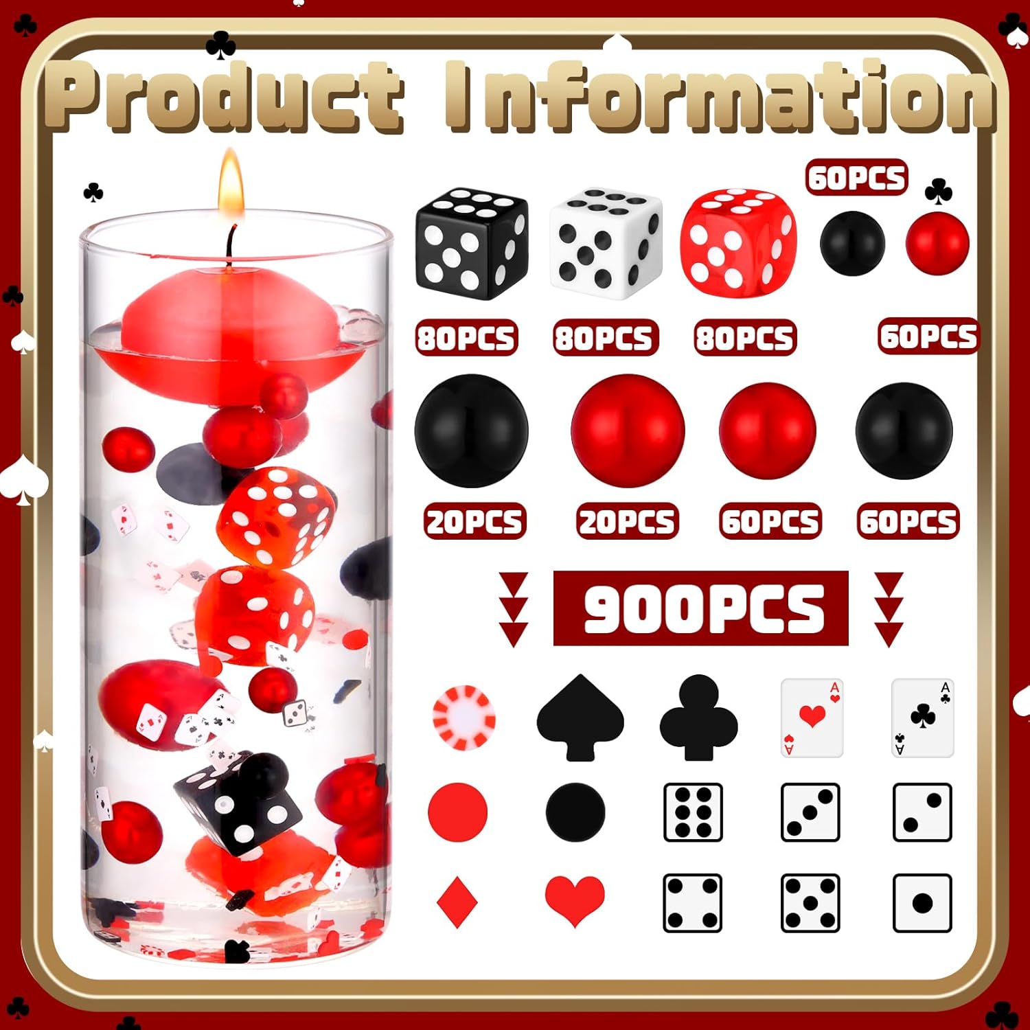 Seenelling 1320 Pcs Casino Theme Vase Fillers for Centerpieces Include Dice Pearls Mini Playing Cards Casino Party Decorations Las Vegas Night Table Floating Dice for Wedding Birthday Events