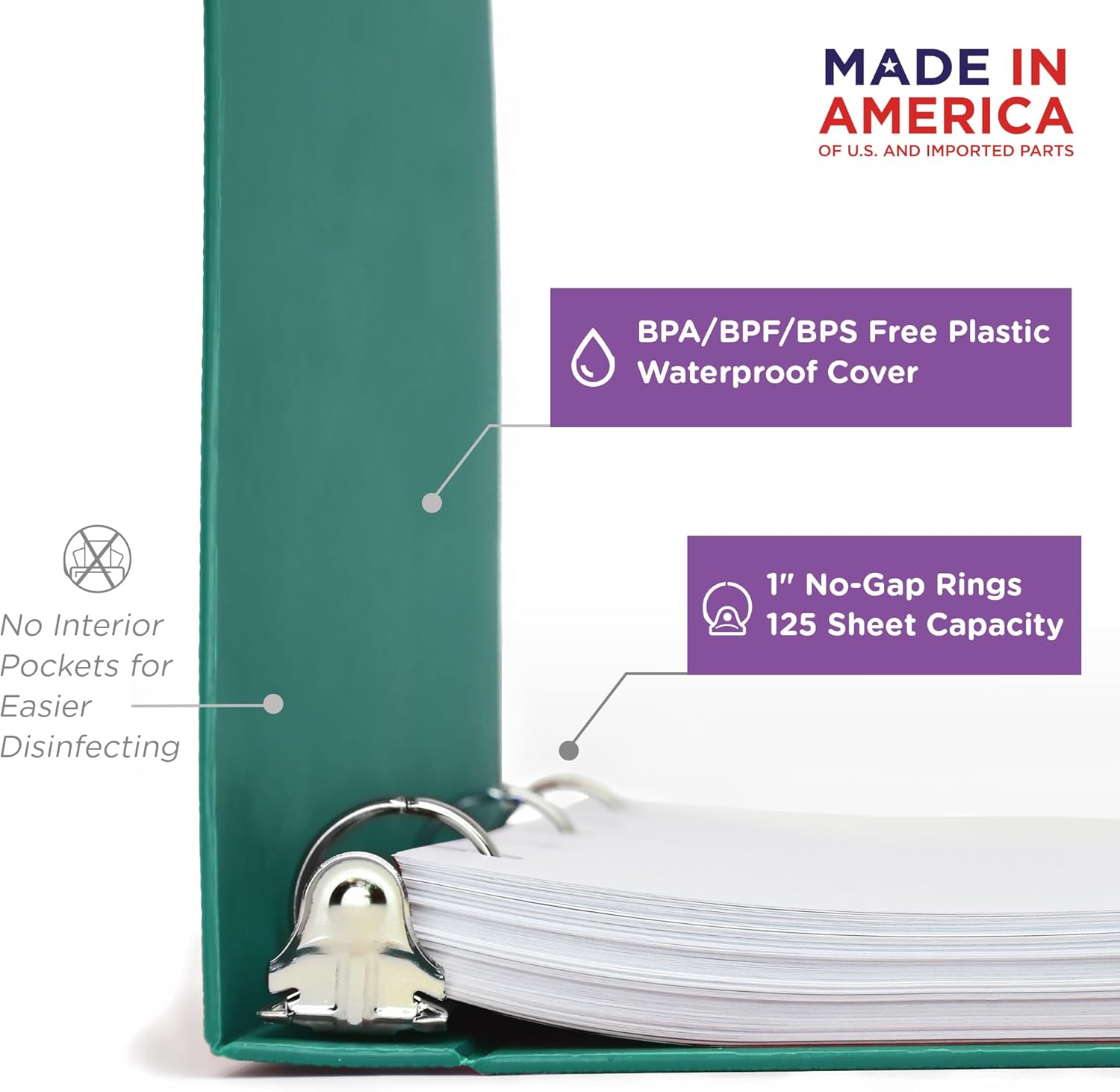 Carstens 1-Inch Heavy Duty 3-Ring Binder - Top Opening, Teal, Durable Plastic, No-Gap Rings, Waterproof Cover, No Pockets, Holds 125 US Letter Sheets, BPA-Free, Made in USA (8761-3R), Case of 18