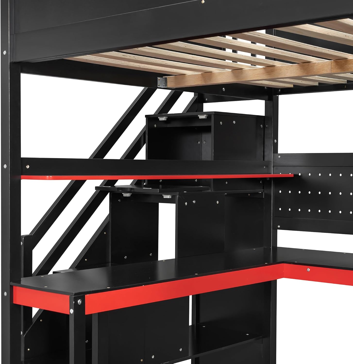 Merax Wooden Gaming Loft Bed with Storage Stairs, Desk, Shelves & Pegboard, Full Size, Black+Red