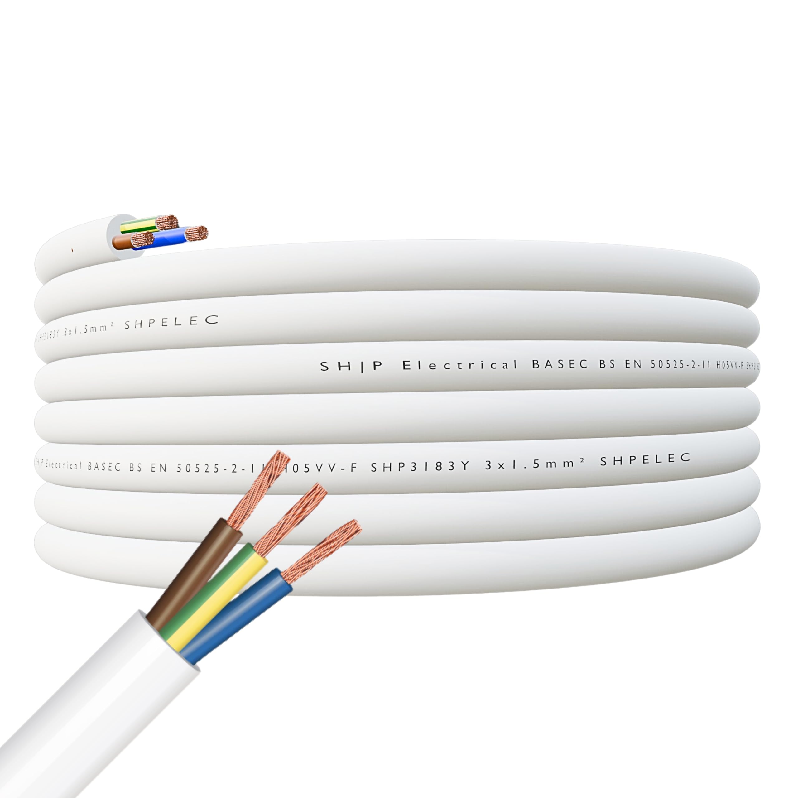 SHPELEC® FLEXIBLE White Cable 3183Y 0.75mm, 1.0mm, 1.5mm, 2.5mm BASEC Approved White PVC LED Lighting 5m 10m 15m 20m 50m (1.5mm 3 Core - 70metres) — image 1