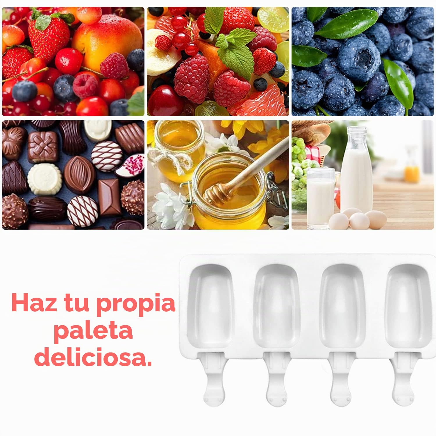 2 Piezas Molde de Helado de Silicona con 100 Palos Madera, Popsicle Moldes 4 Cavidades, de Paletas de Hielo, DIY, Chocolate Postre Congelado