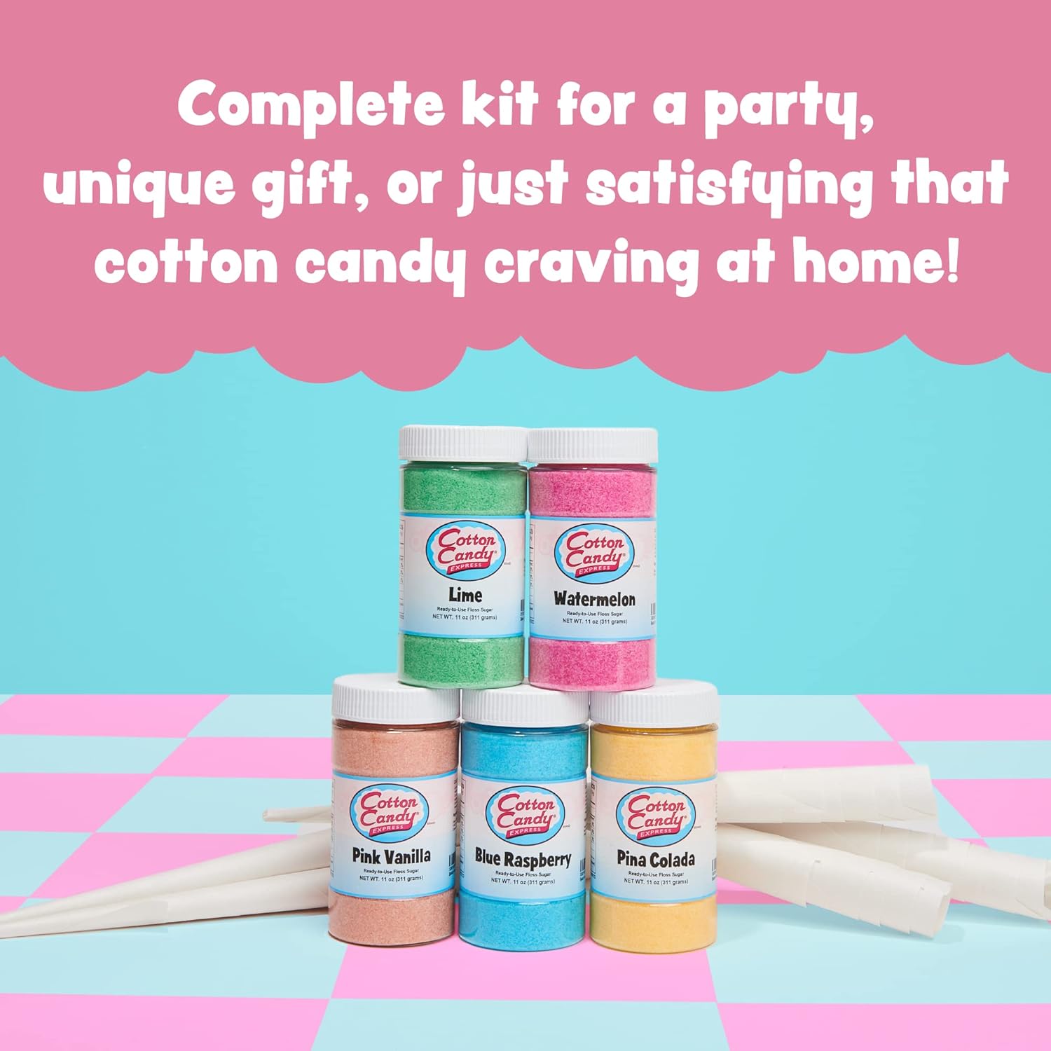 Cotton Candy Express Floss Sugar Variety Pack bundle ten total- 11oz Plastic Jars of Lime, Watermelon, Pina Colada, Orange, Grape, Cherry, and two of each Blue Raspberry and Pink Vanilla Floss Sugar