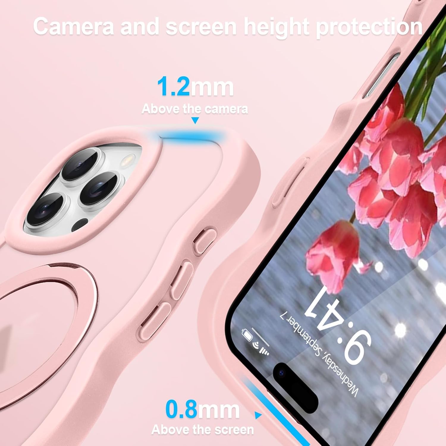 Magnetic for iPhone 16 Pro Max Case, Compatible with MagSafe Built-in Invisible Kickstand Wavy Frame Cute Translucent Matte Back Shockproof Phone case for iPhone 16 Pro Max Women Grils, Pink - Image 5