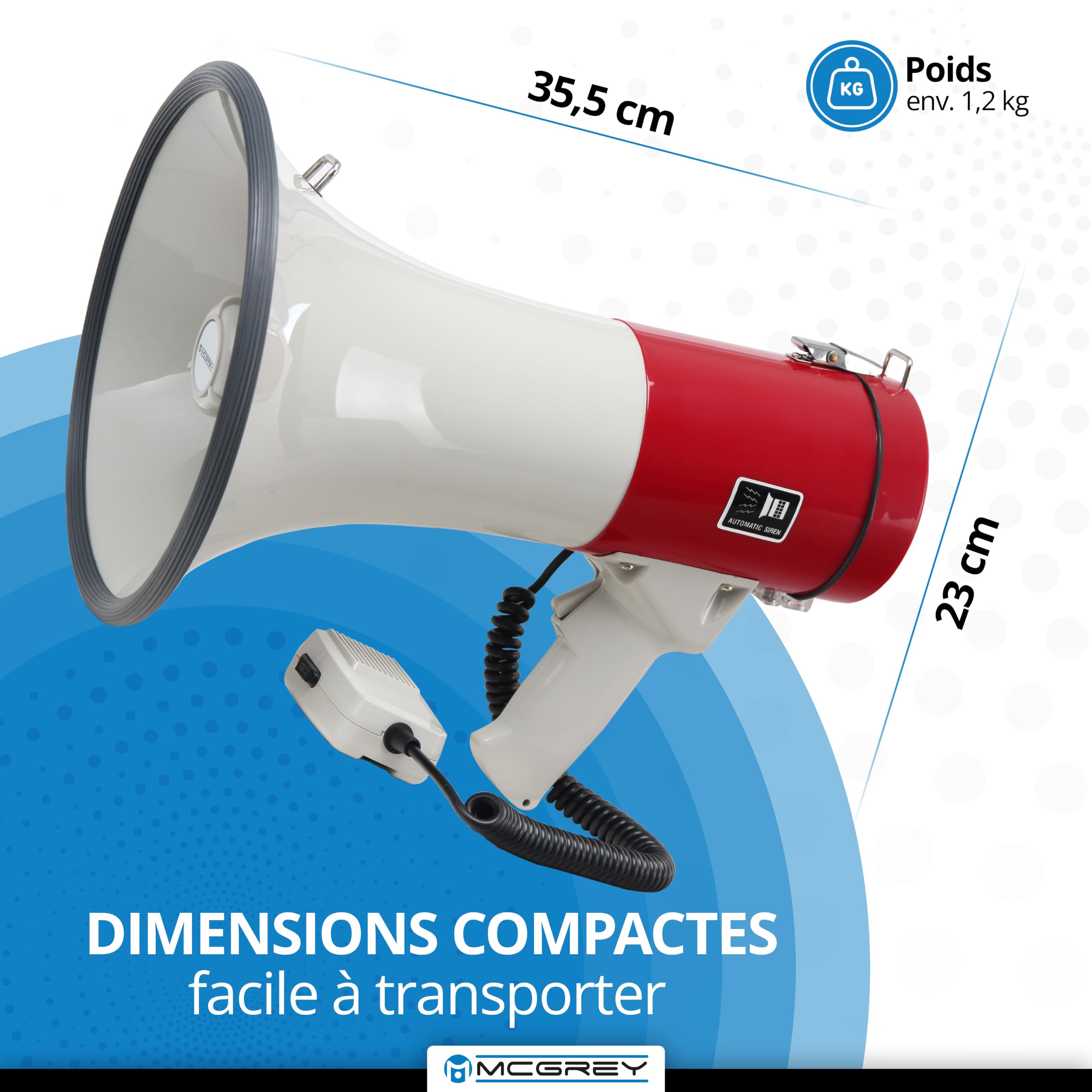 Mégaphone McGrey MP-500HS 80W Max, 1000 M, Sirène Et Microphone – Robuste Et Résistant Aux Intempéries